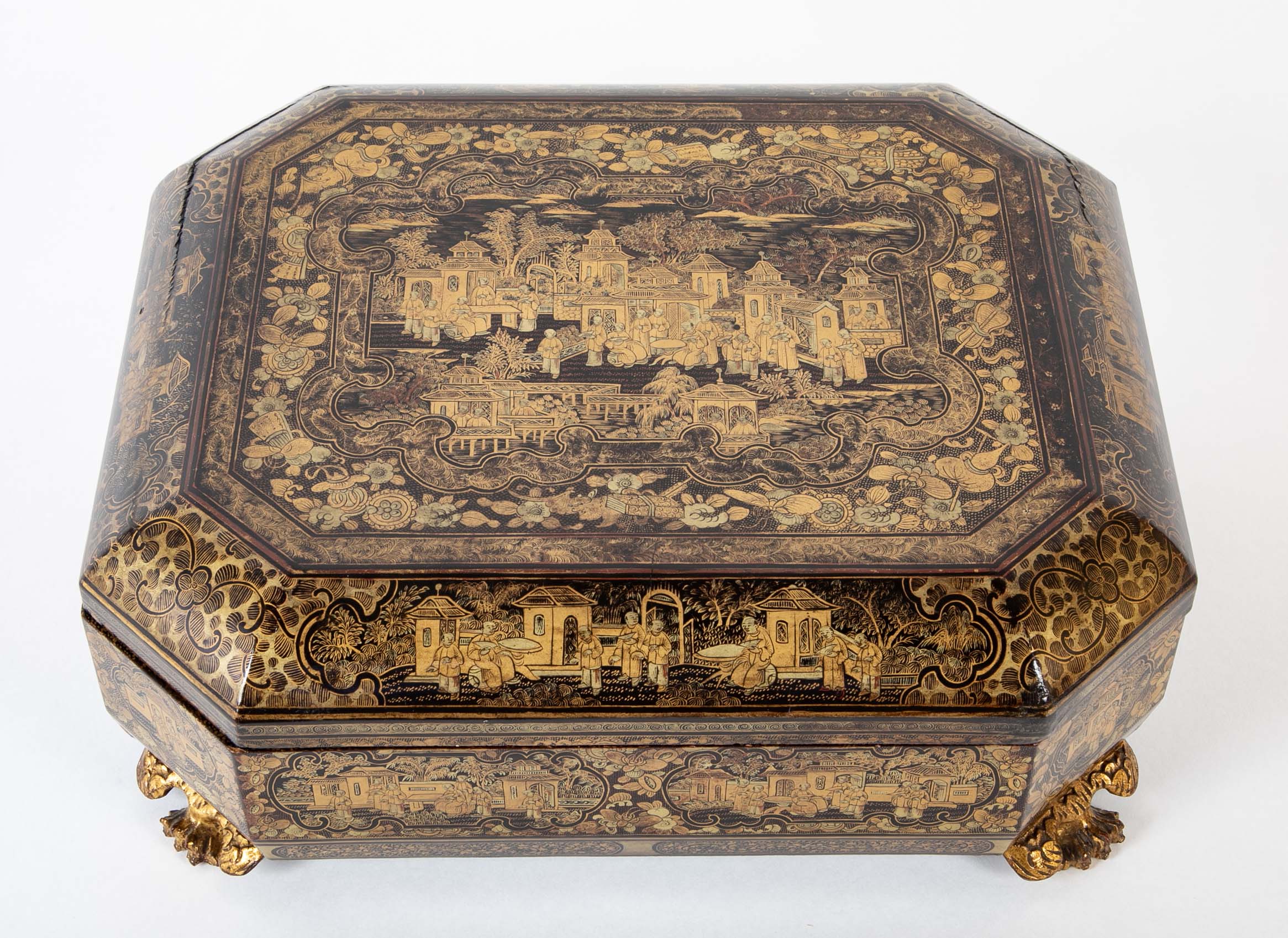 19th Century Chinese Black with Gilt Lacquerware Game Box