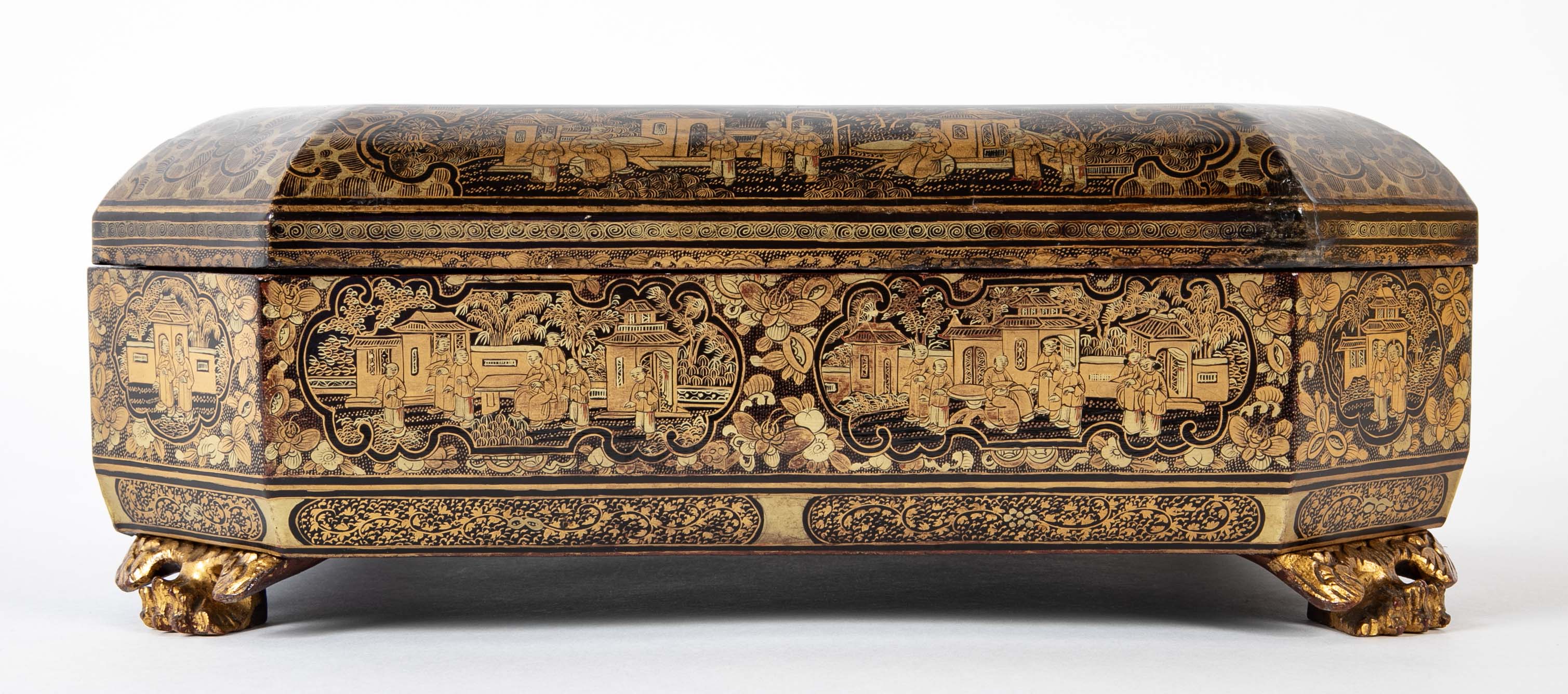 19th Century Chinese Black with Gilt Lacquerware Game Box