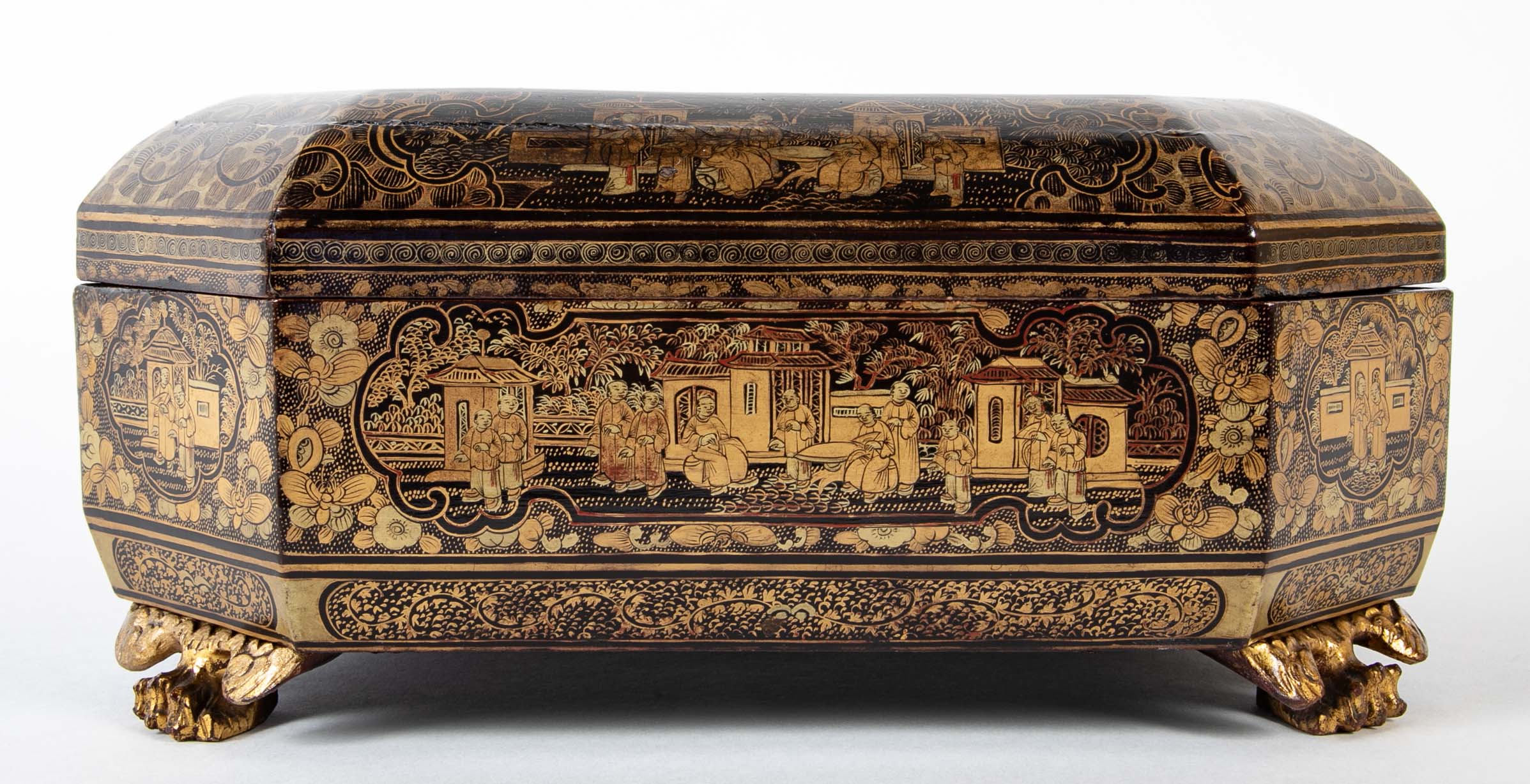 19th Century Chinese Black with Gilt Lacquerware Game Box