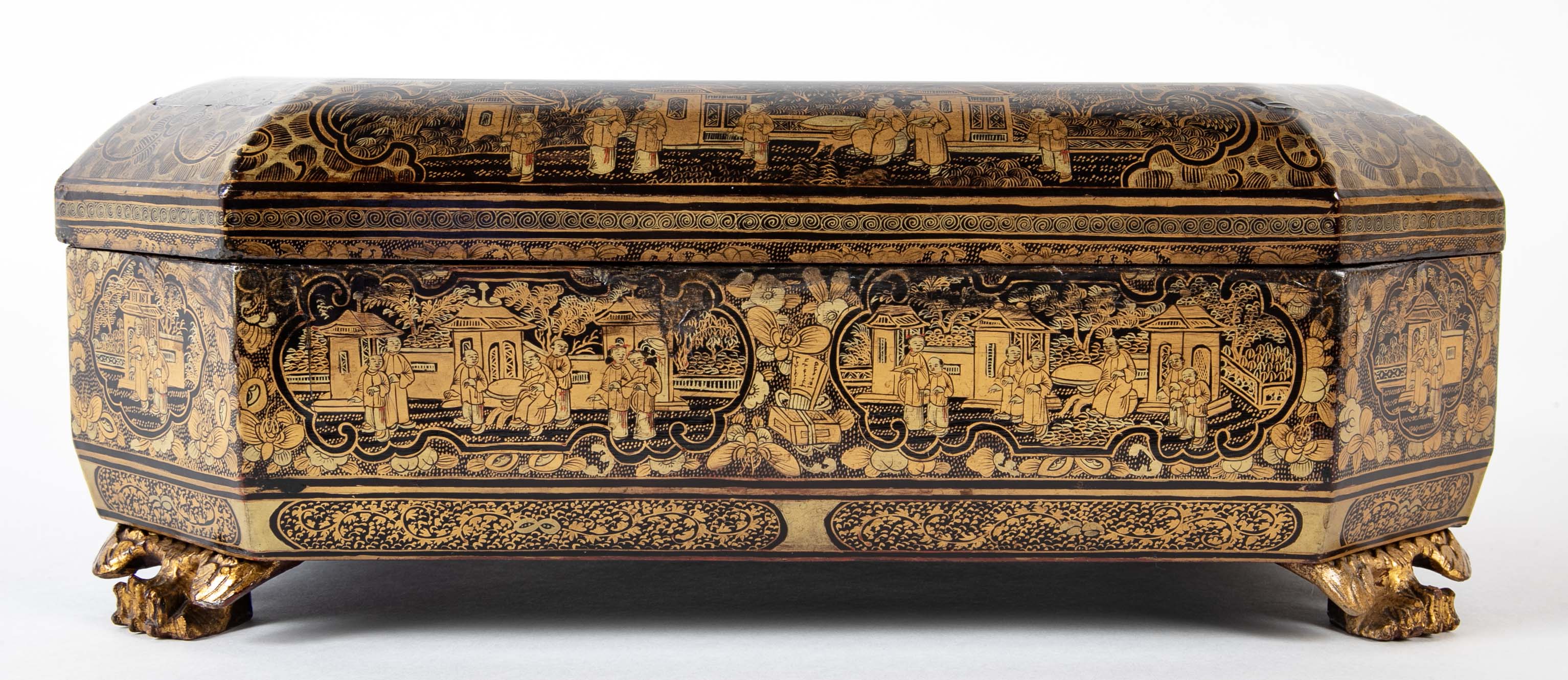 19th Century Chinese Black with Gilt Lacquerware Game Box
