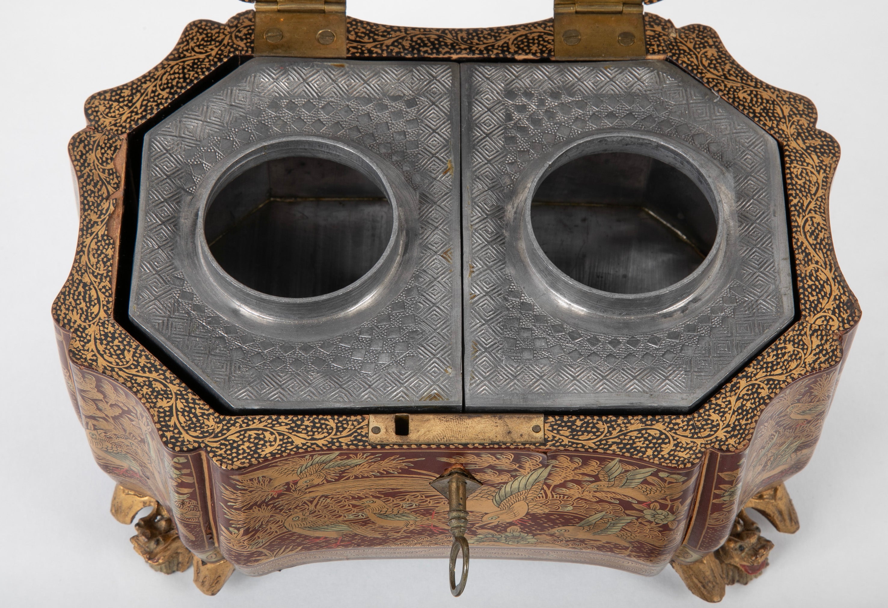 A Chinese Export Lacquered Tea Caddy with Pewter Fitted Interior