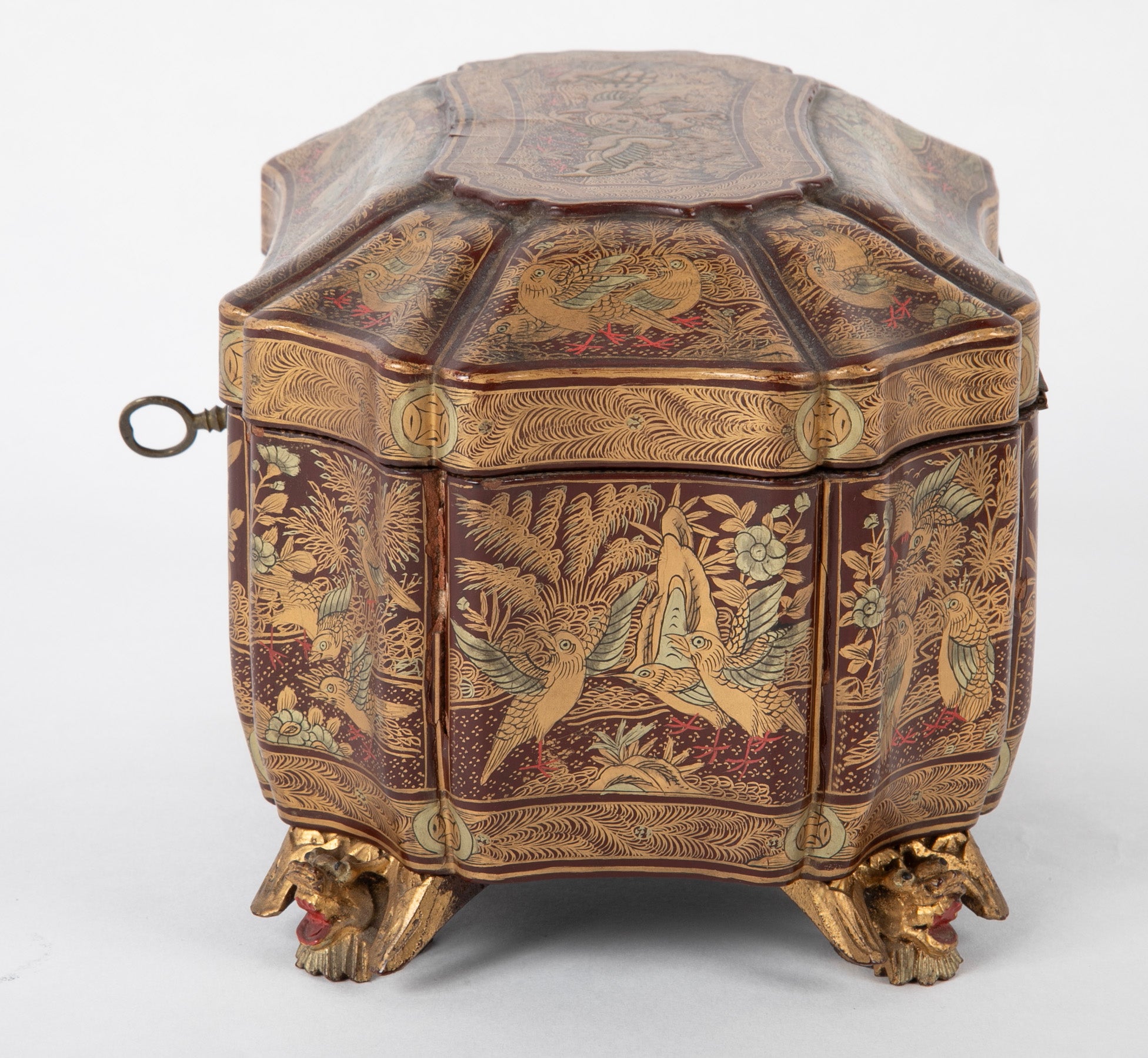 A Chinese Export Lacquered Tea Caddy with Pewter Fitted Interior