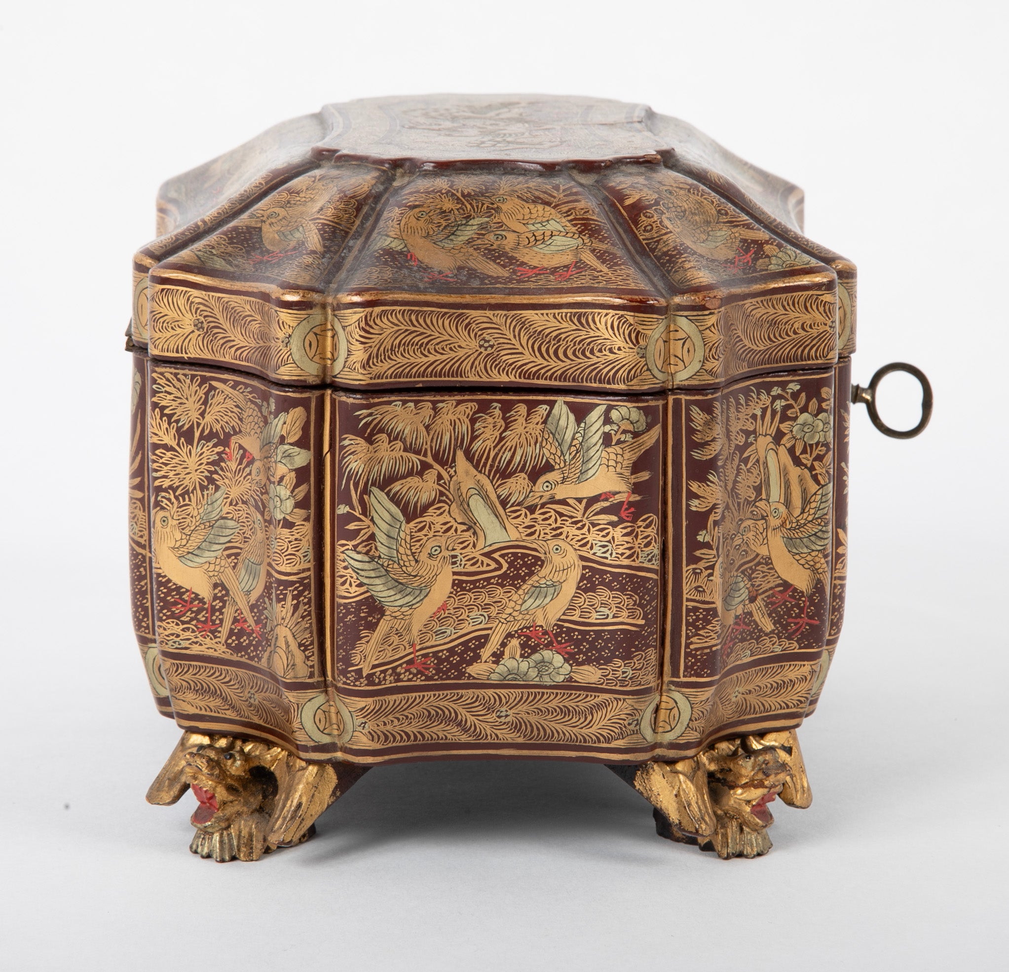 A Chinese Export Lacquered Tea Caddy with Pewter Fitted Interior