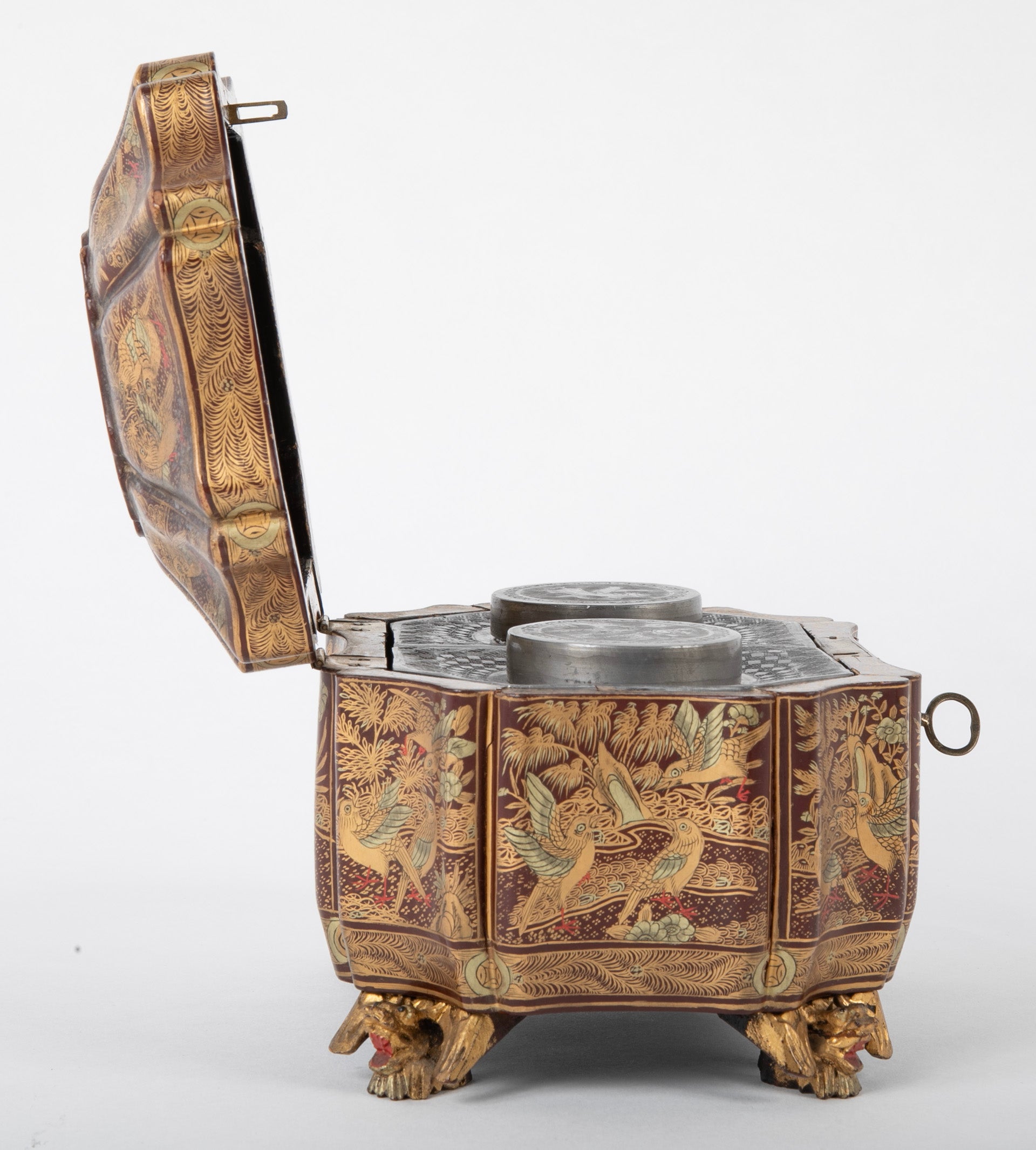 A Chinese Export Lacquered Tea Caddy with Pewter Fitted Interior