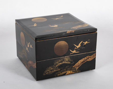 Japanese Gilt and Black Lacquer Box with Cranes Above Pine Tree Decor