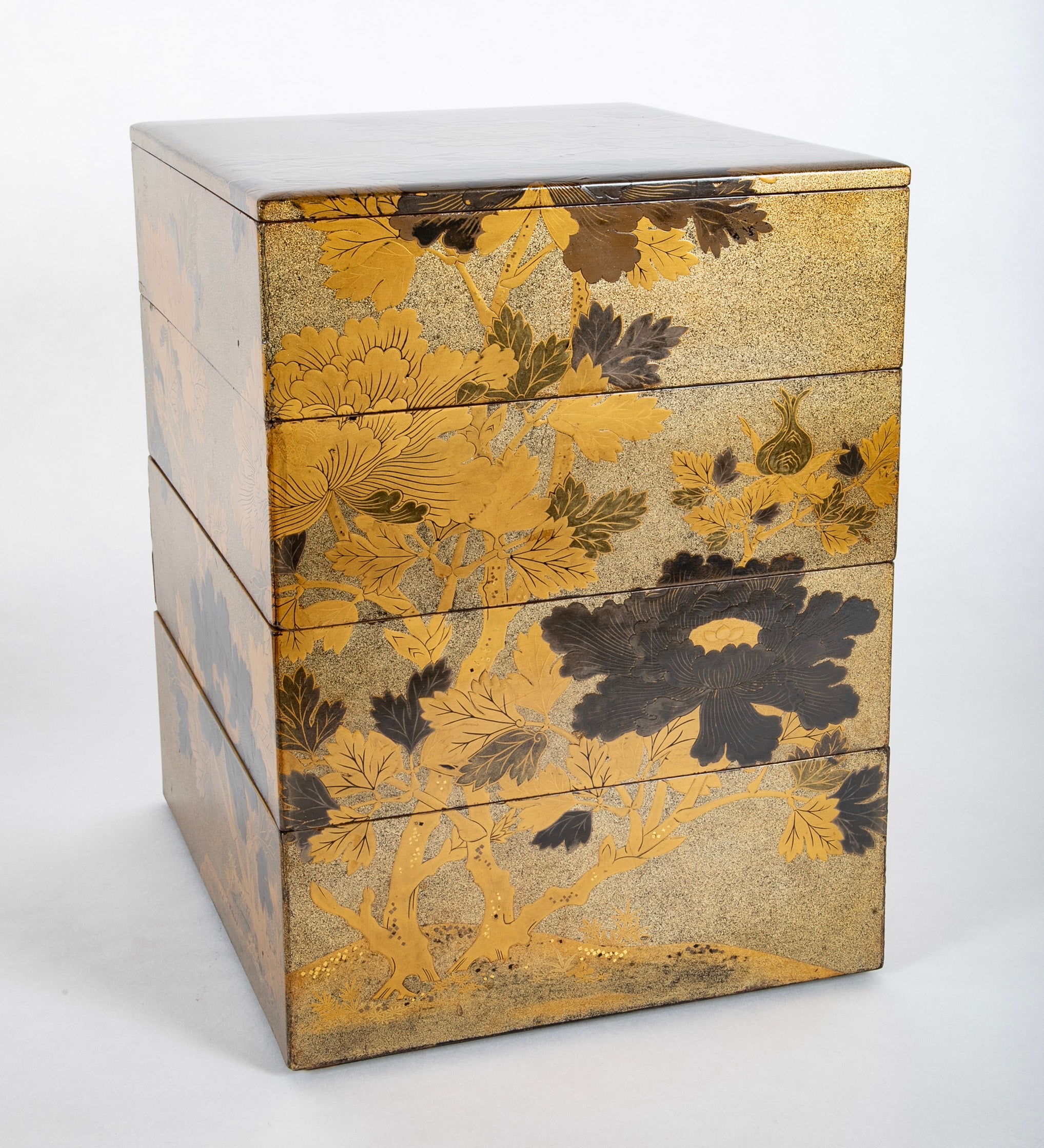 Four Tier Japanese Gilt Jubako Maki-E Box with Coral Interior