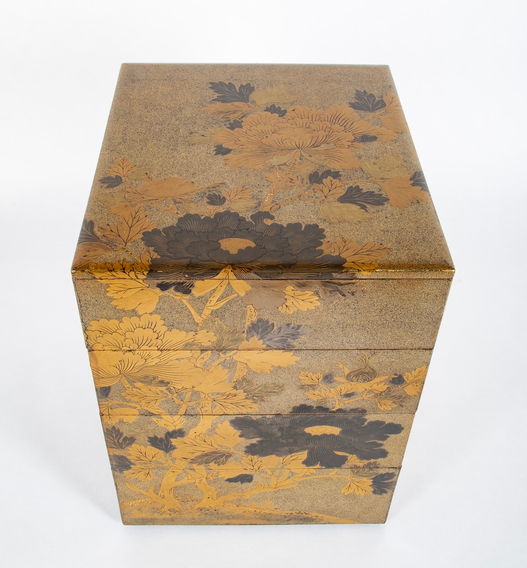 Four Tier Japanese Gilt Jubako Maki-E Box with Coral Interior