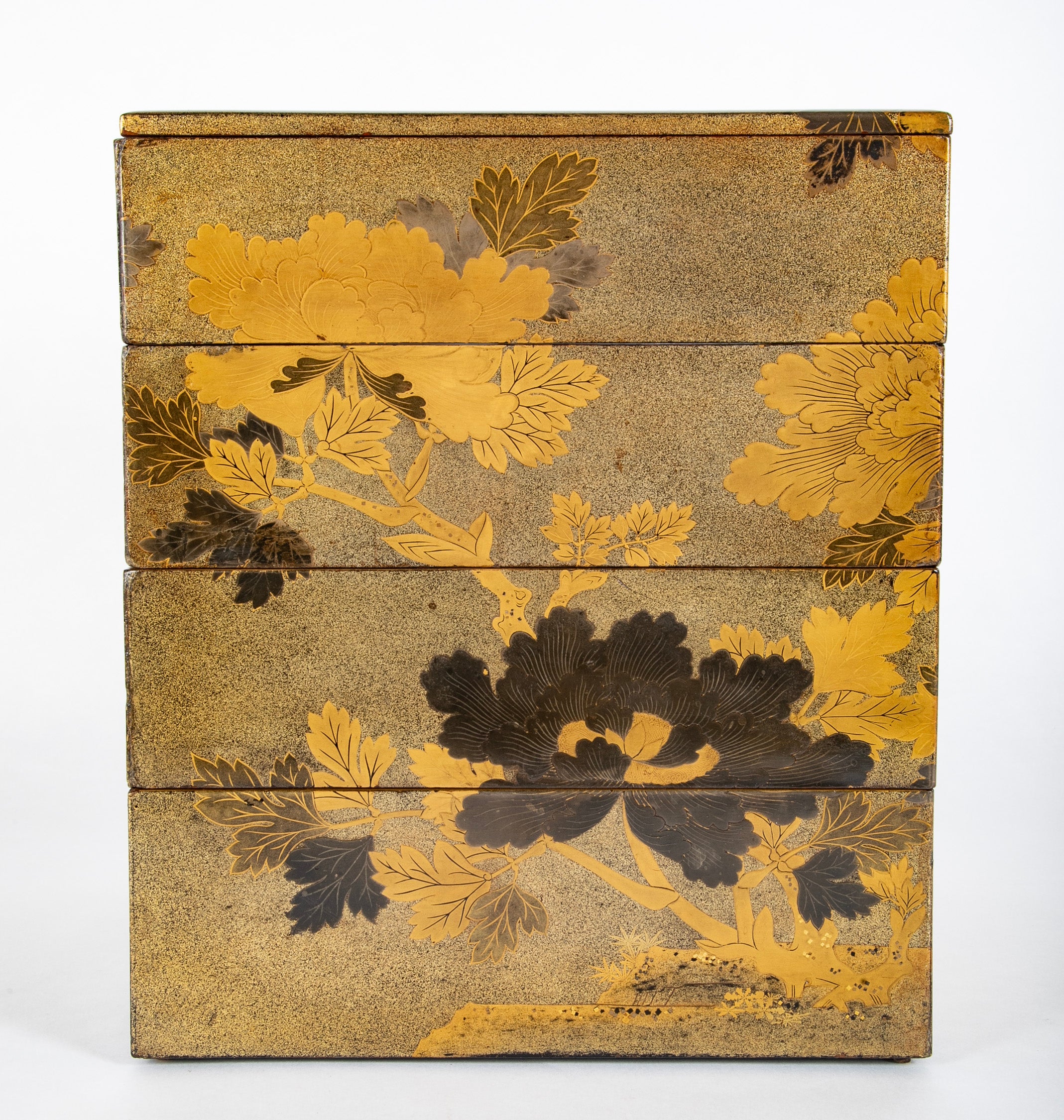Four Tier Japanese Gilt Jubako Maki-E Box with Coral Interior