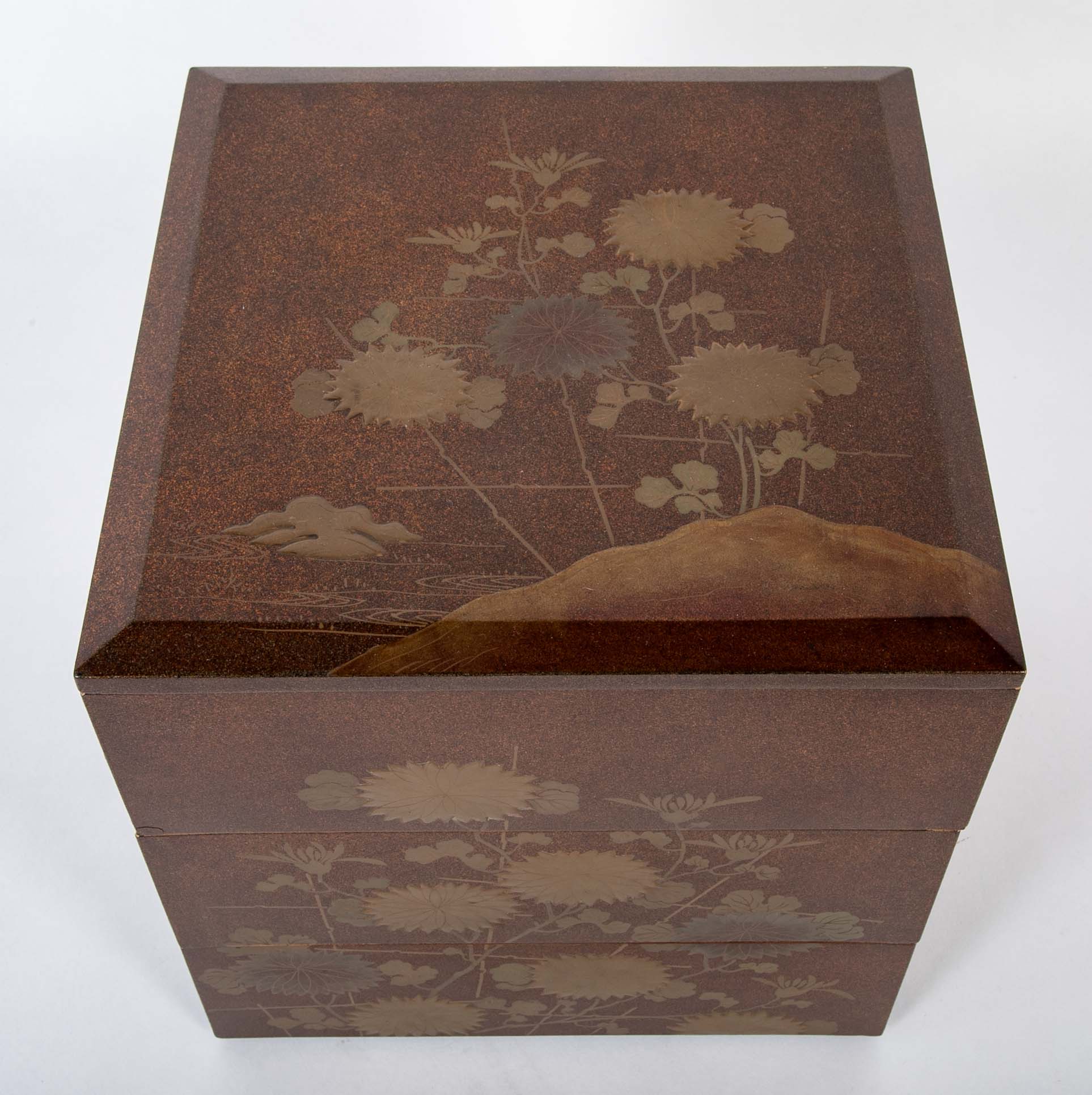 Japanese Maki-E Lacquered Jubako Box with Floral & Rooster Decor