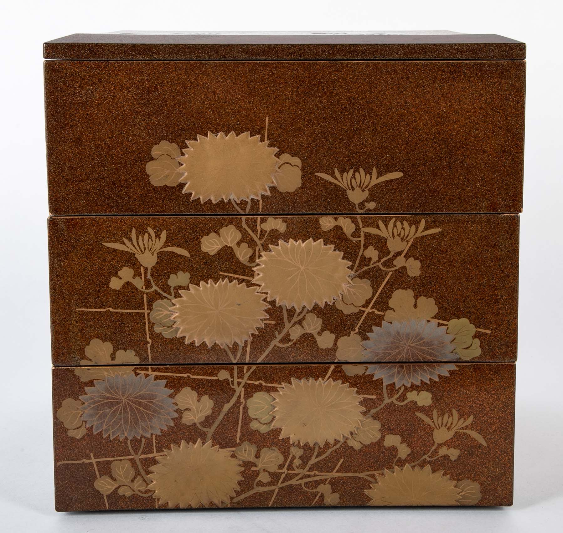 Japanese Maki-E Lacquered Jubako Box with Floral & Rooster Decor
