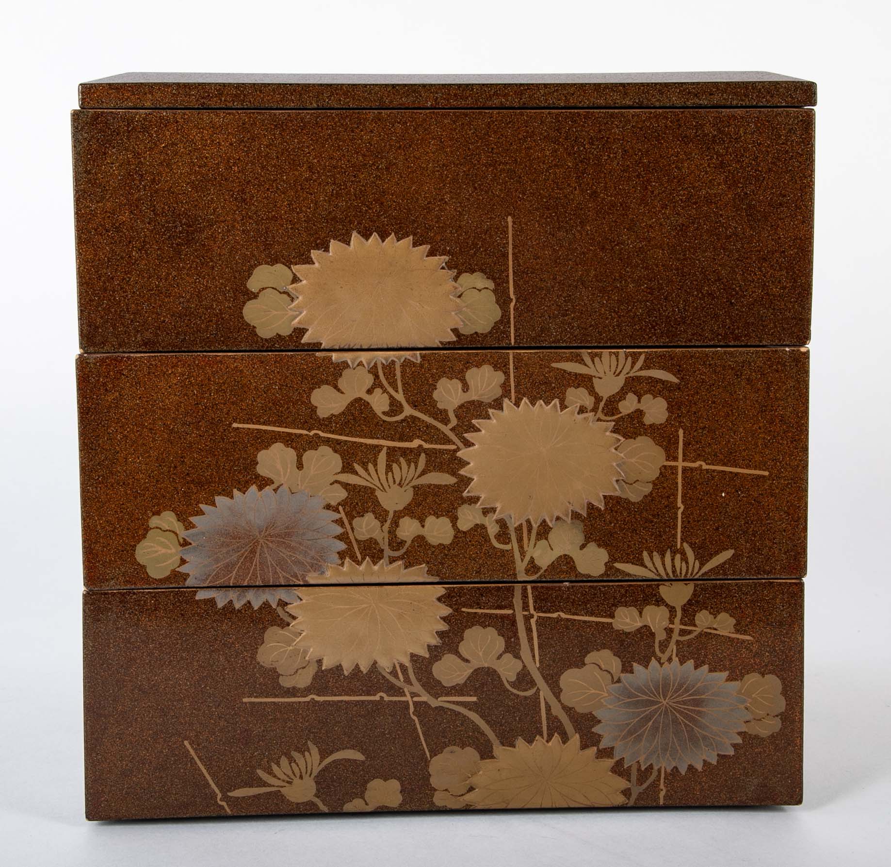 Japanese Maki-E Lacquered Jubako Box with Floral & Rooster Decor