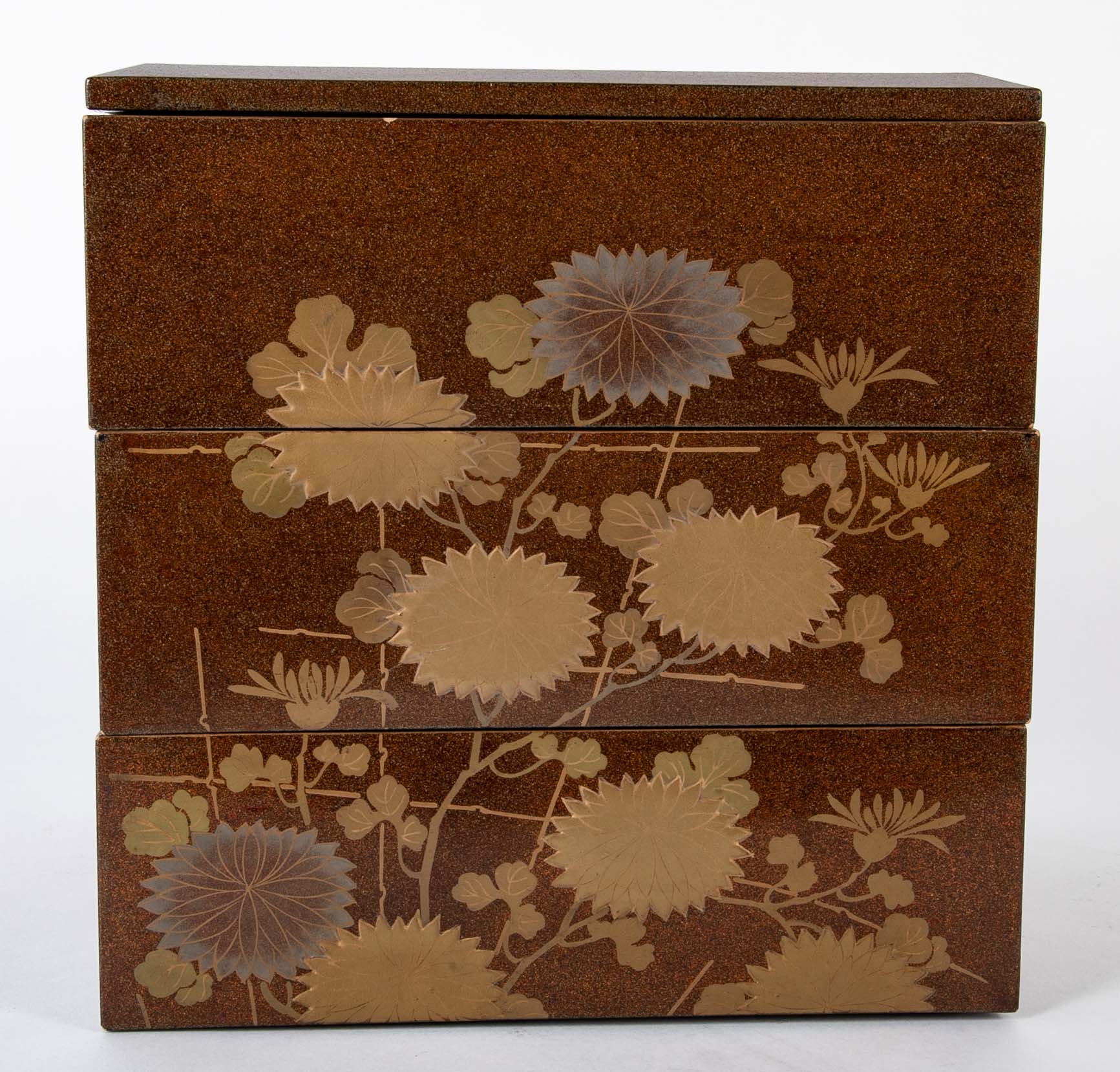 Japanese Maki-E Lacquered Jubako Box with Floral & Rooster Decor