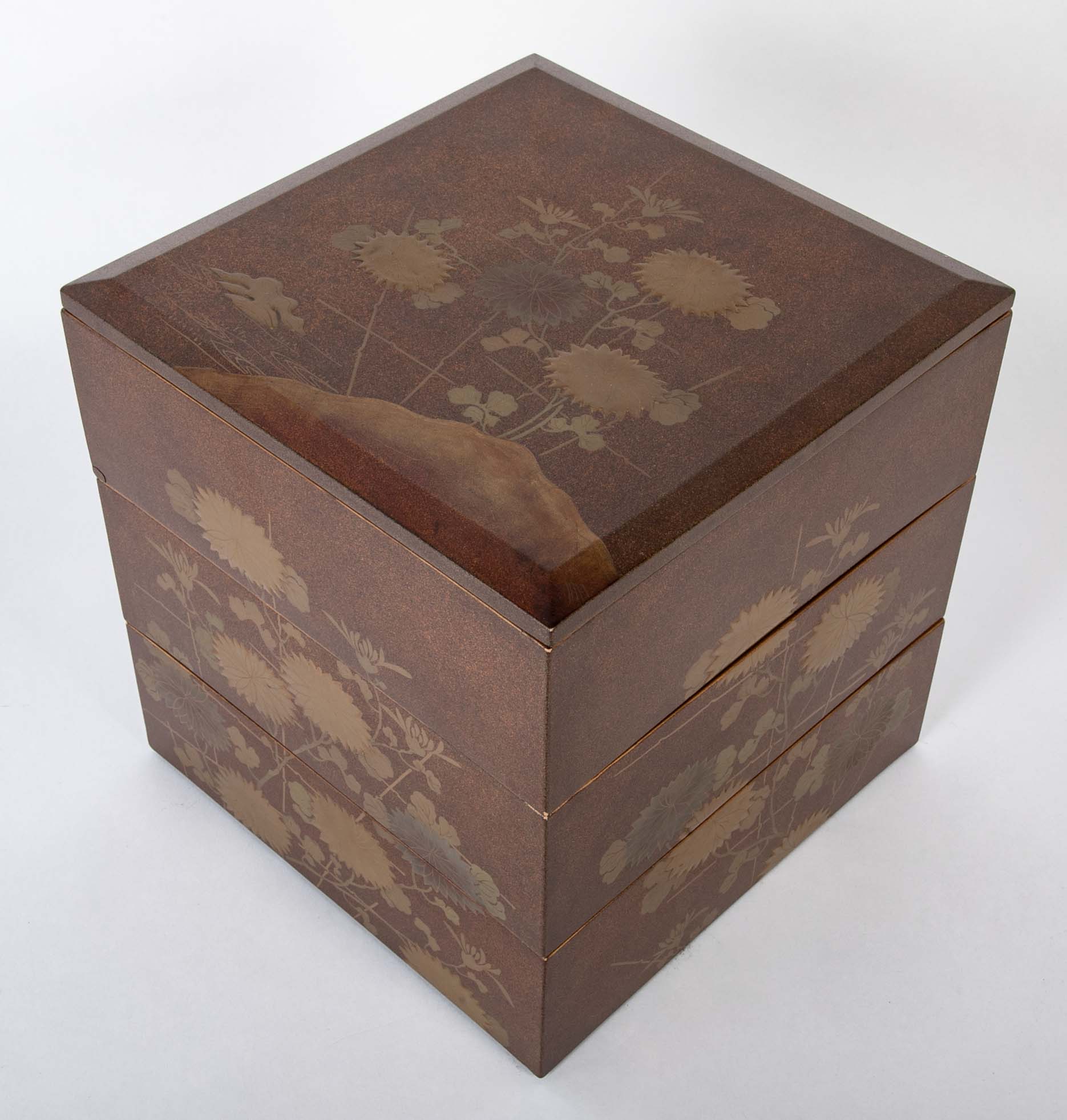 Japanese Maki-E Lacquered Jubako Box with Floral & Rooster Decor