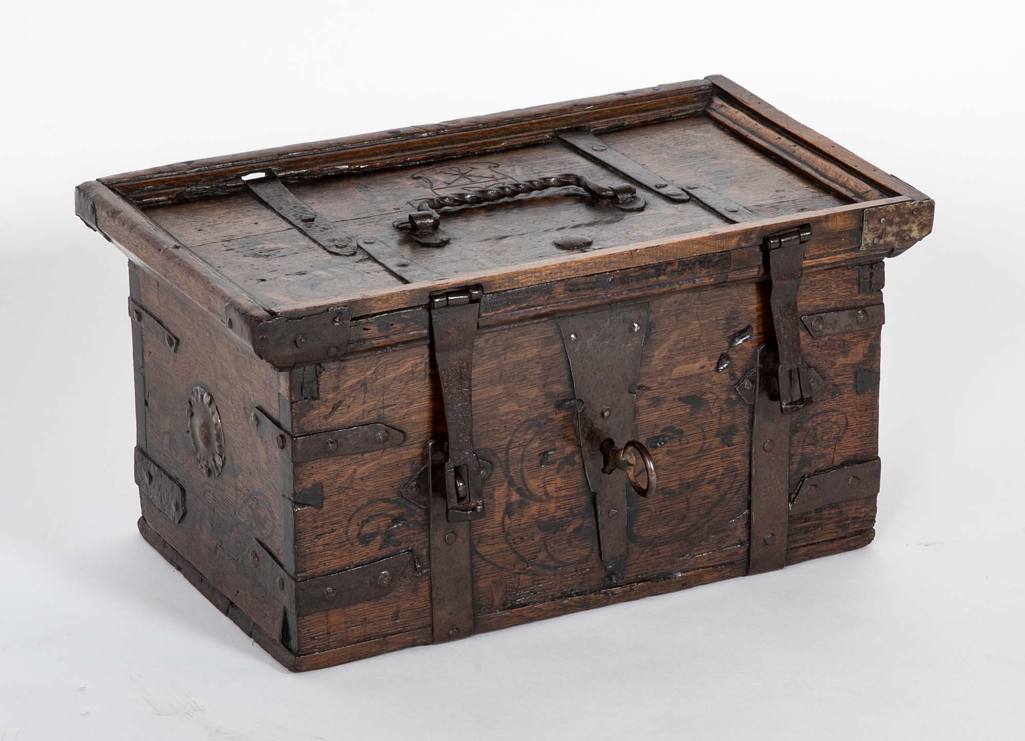 Black Painted English Oak Strongbox Decorated with Coat of Arms