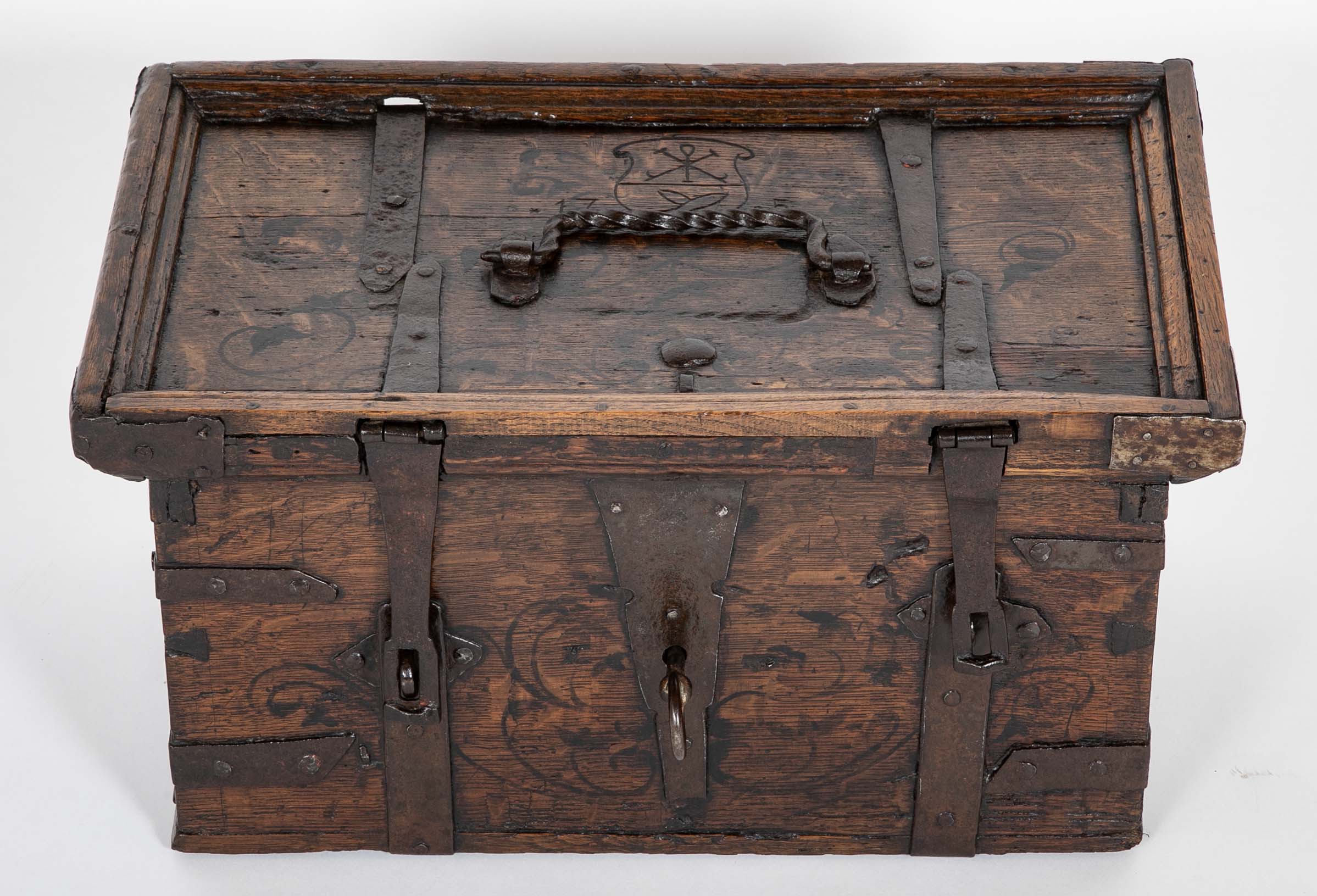Black Painted English Oak Strongbox Decorated with Coat of Arms