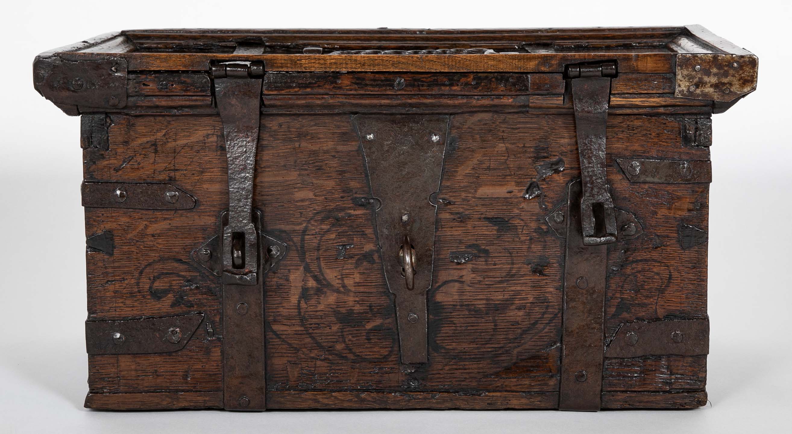 Black Painted English Oak Strongbox Decorated with Coat of Arms