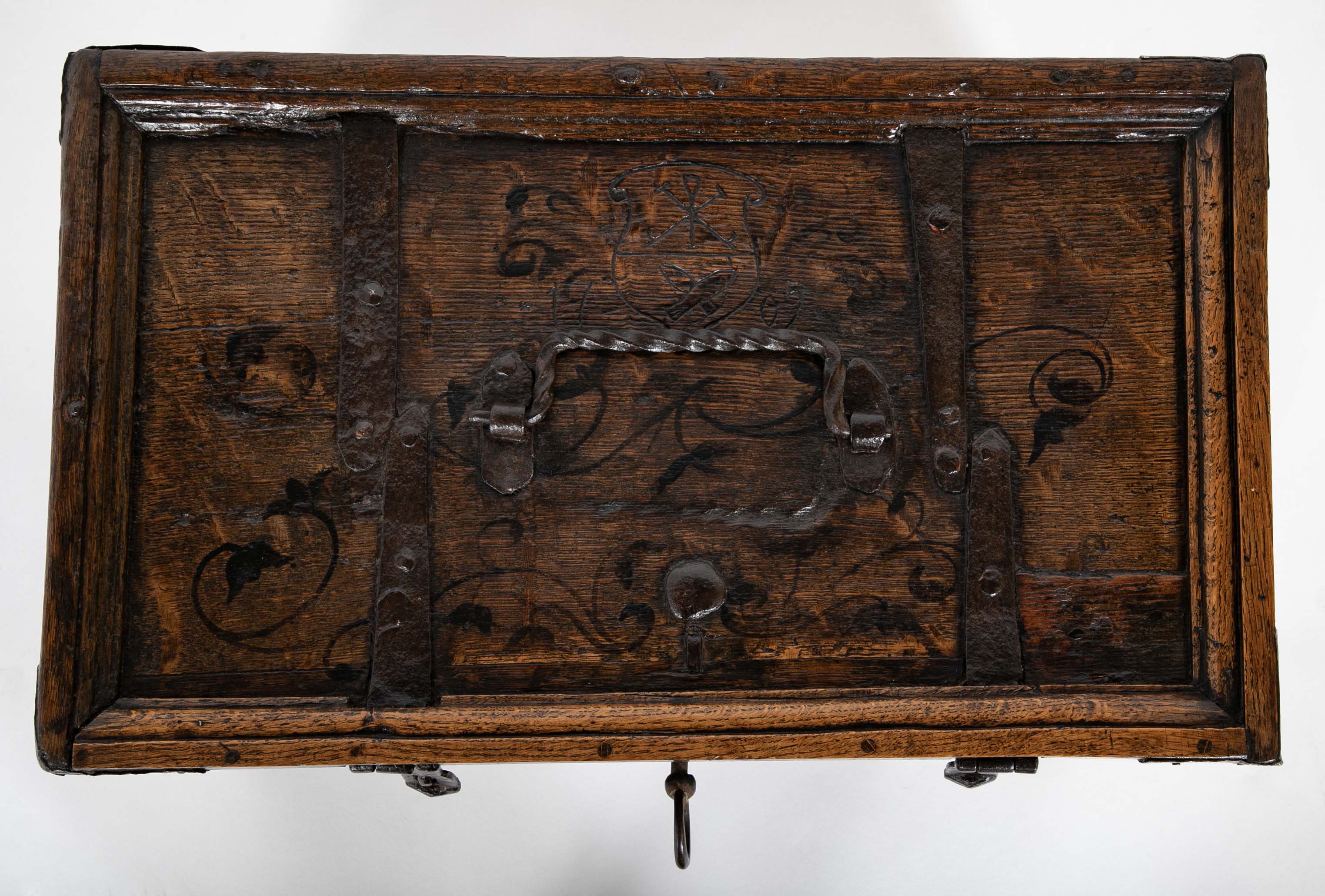 Black Painted English Oak Strongbox Decorated with Coat of Arms