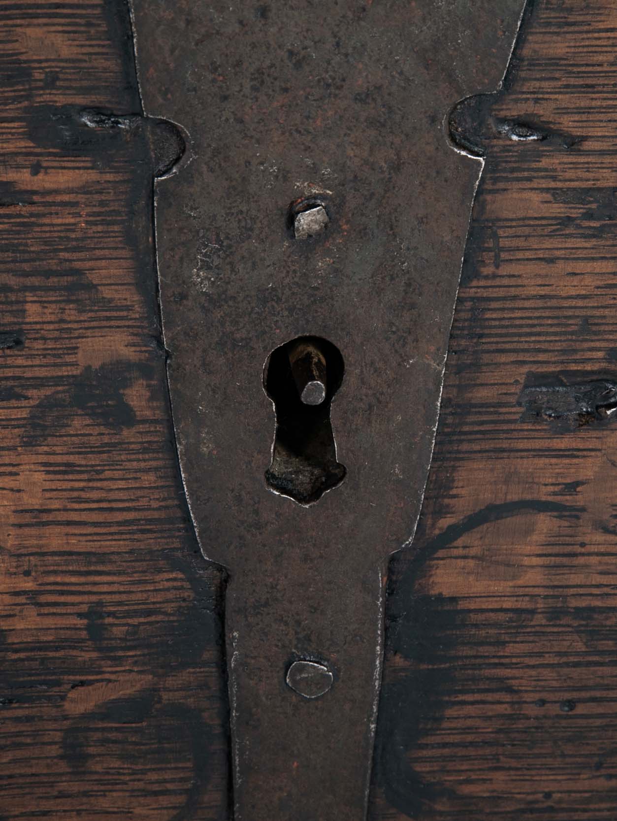 Black Painted English Oak Strongbox Decorated with Coat of Arms