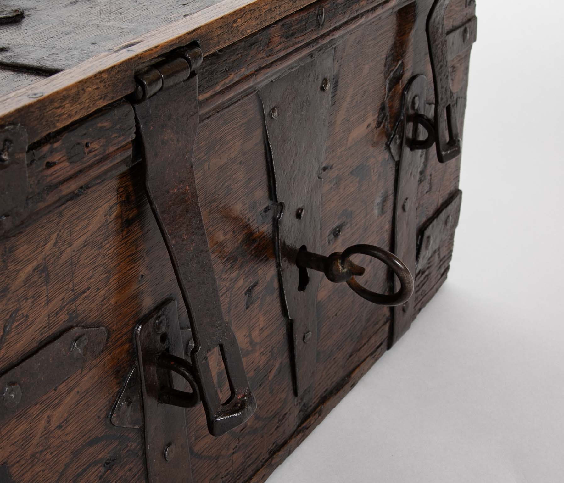 Black Painted English Oak Strongbox Decorated with Coat of Arms