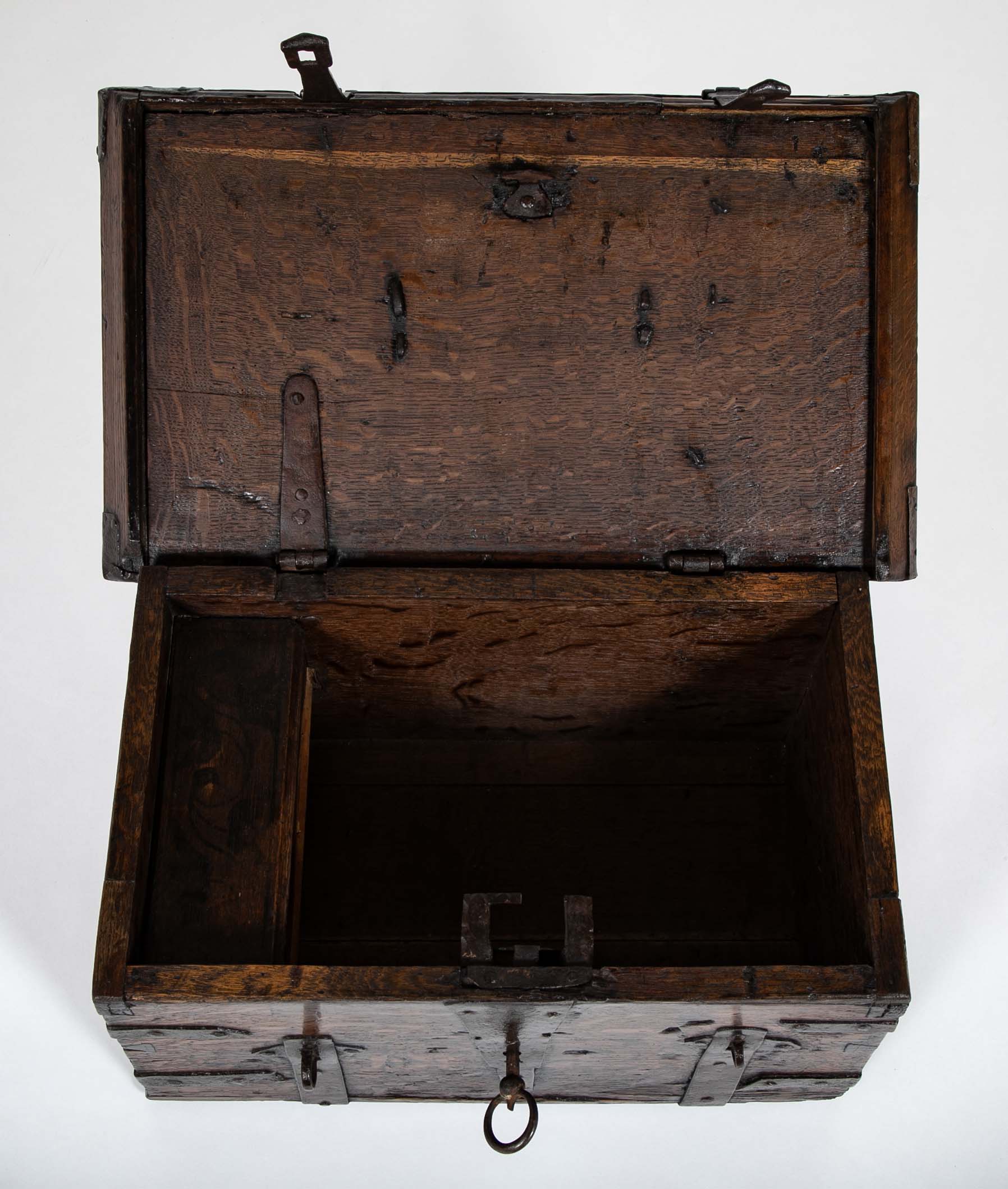 Black Painted English Oak Strongbox Decorated with Coat of Arms