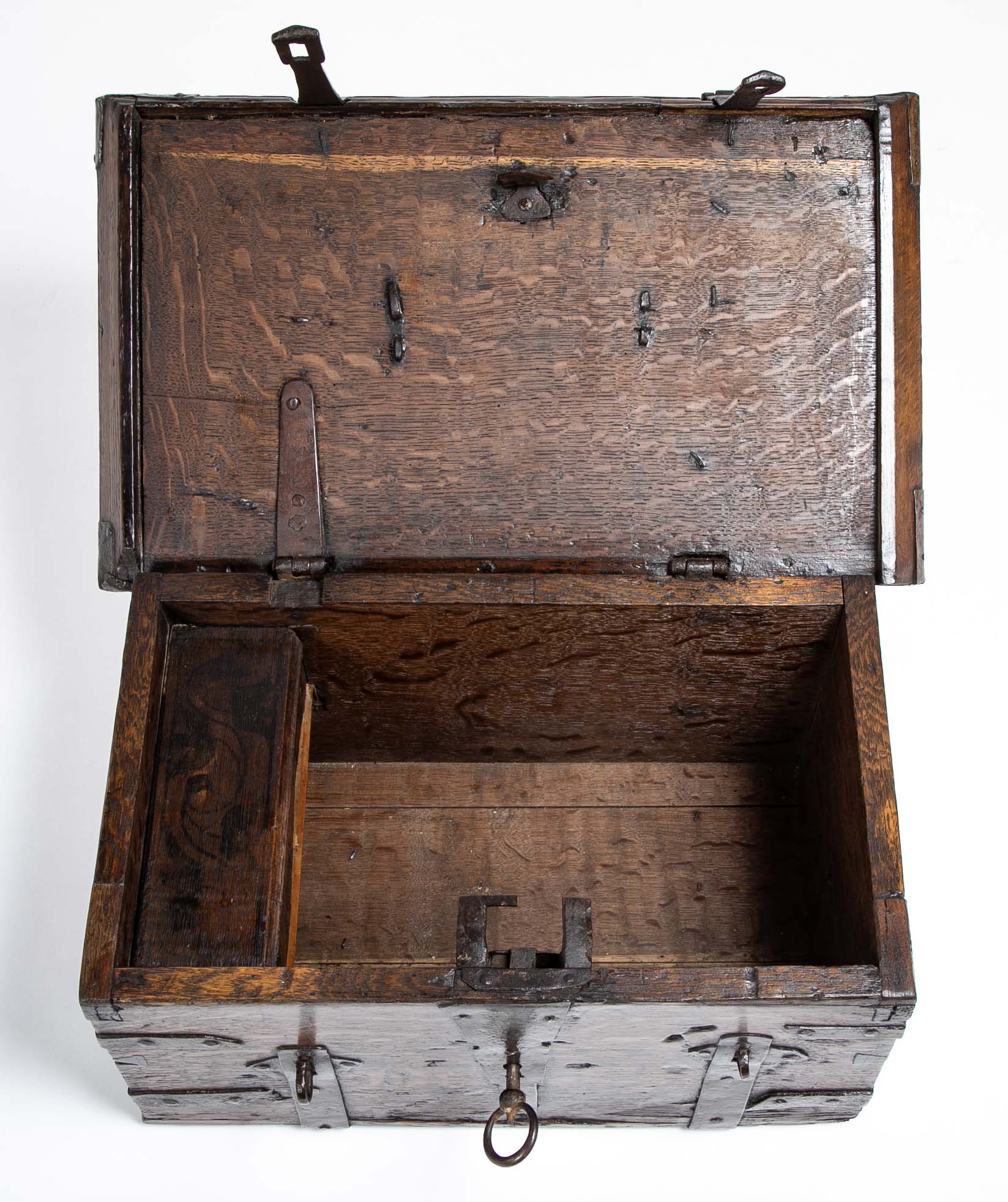 Black Painted English Oak Strongbox Decorated with Coat of Arms