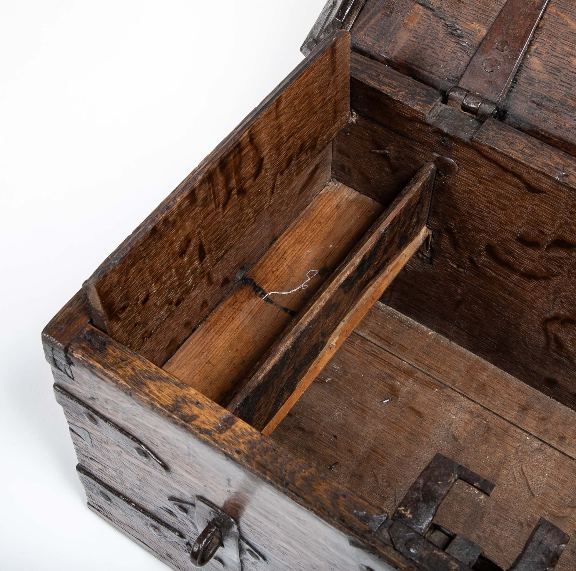 Black Painted English Oak Strongbox Decorated with Coat of Arms
