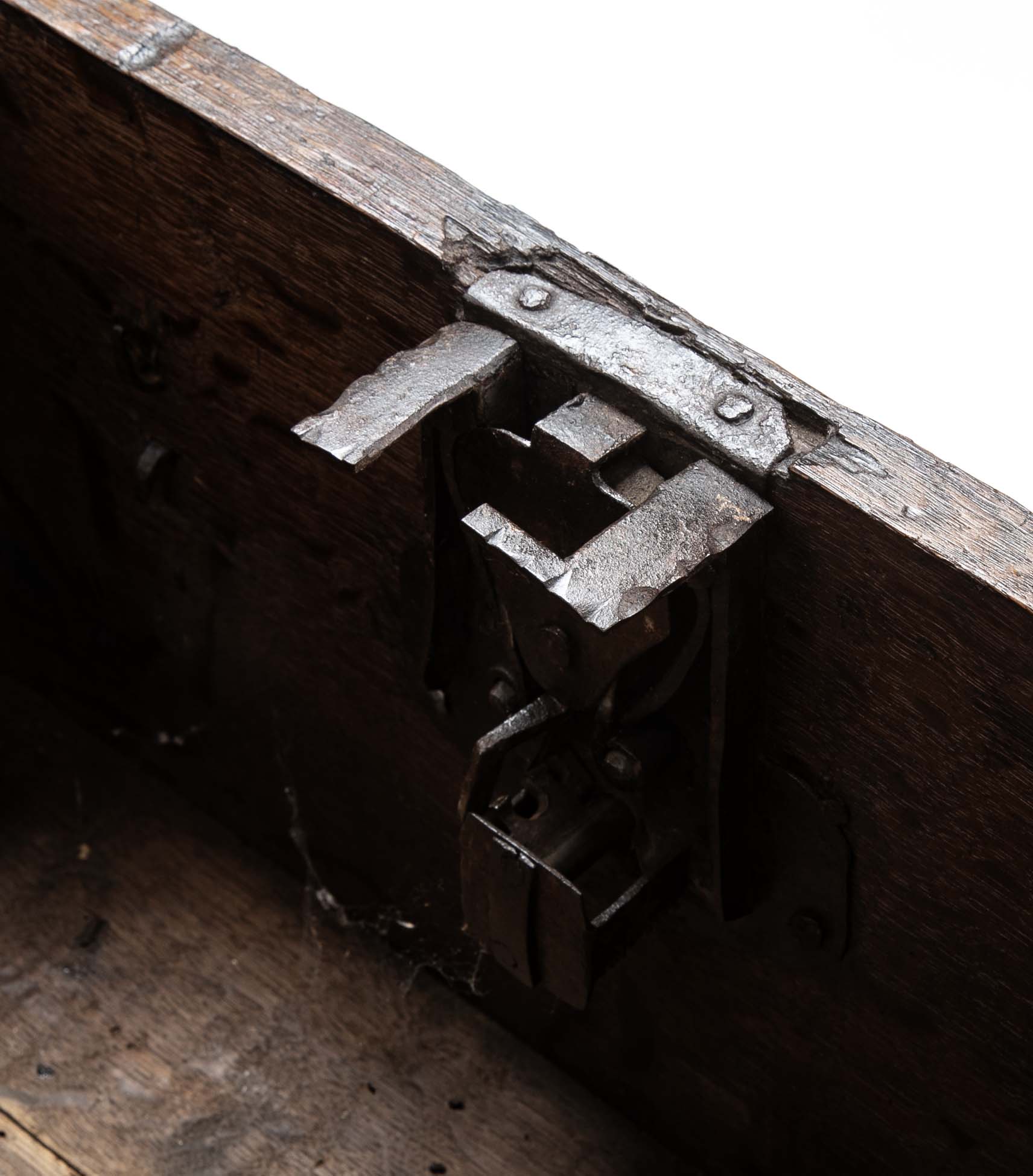 Black Painted English Oak Strongbox Decorated with Coat of Arms