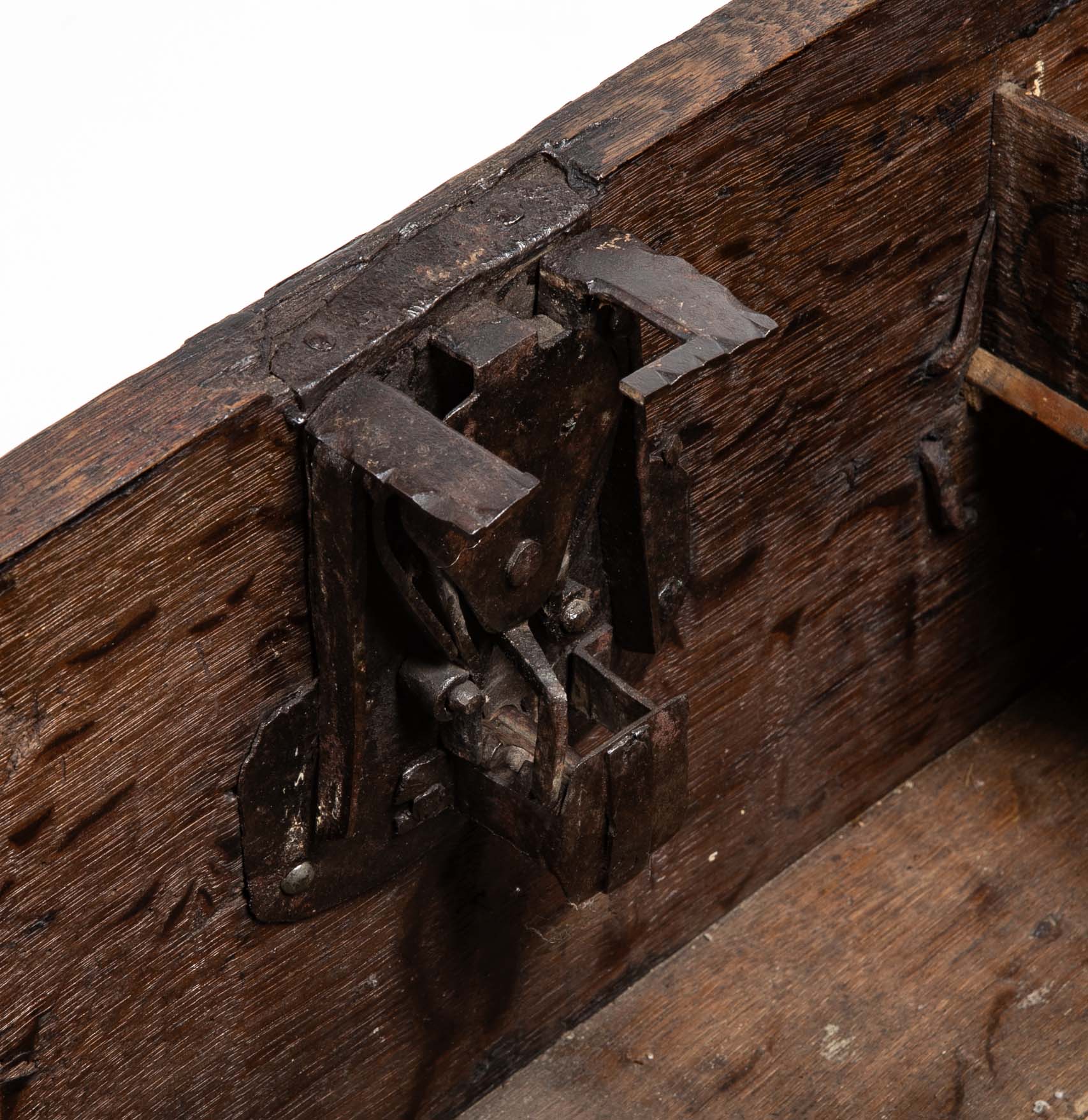 Black Painted English Oak Strongbox Decorated with Coat of Arms