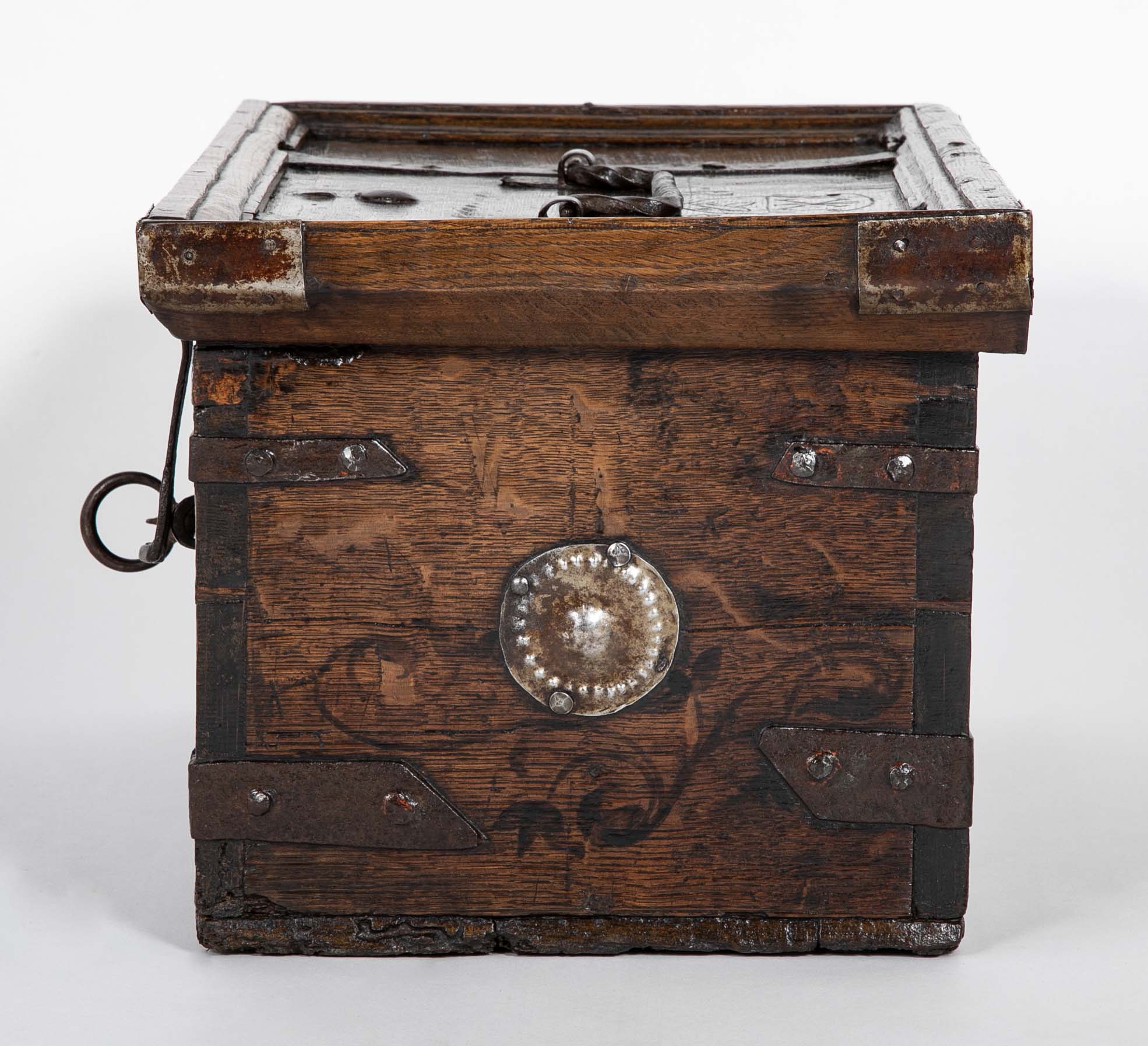 Black Painted English Oak Strongbox Decorated with Coat of Arms