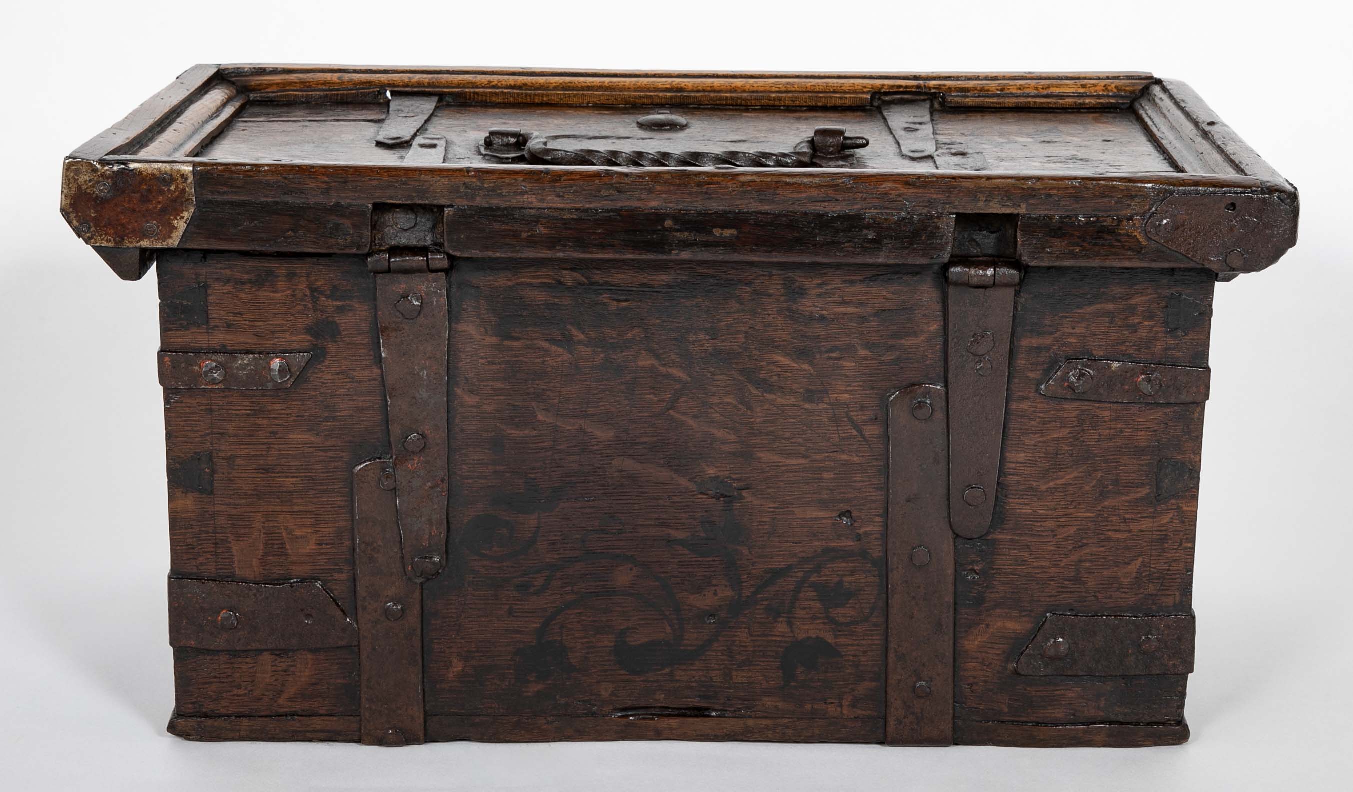 Black Painted English Oak Strongbox Decorated with Coat of Arms