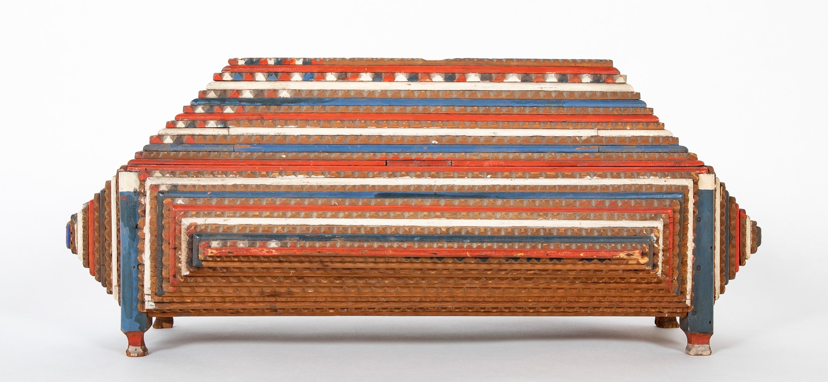 Large Tramp Art Box in Red, White and Blue Painted Stepped Form
