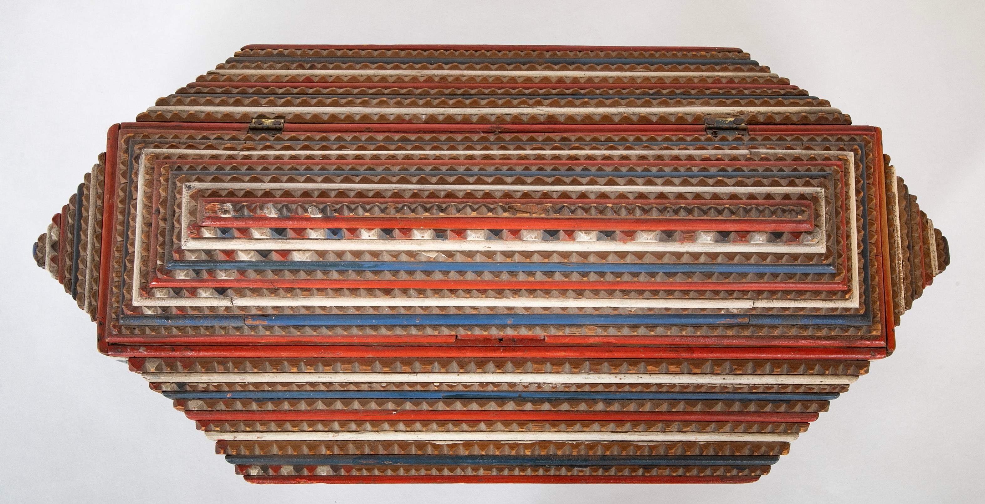 Large Tramp Art Box in Red, White and Blue Painted Stepped Form