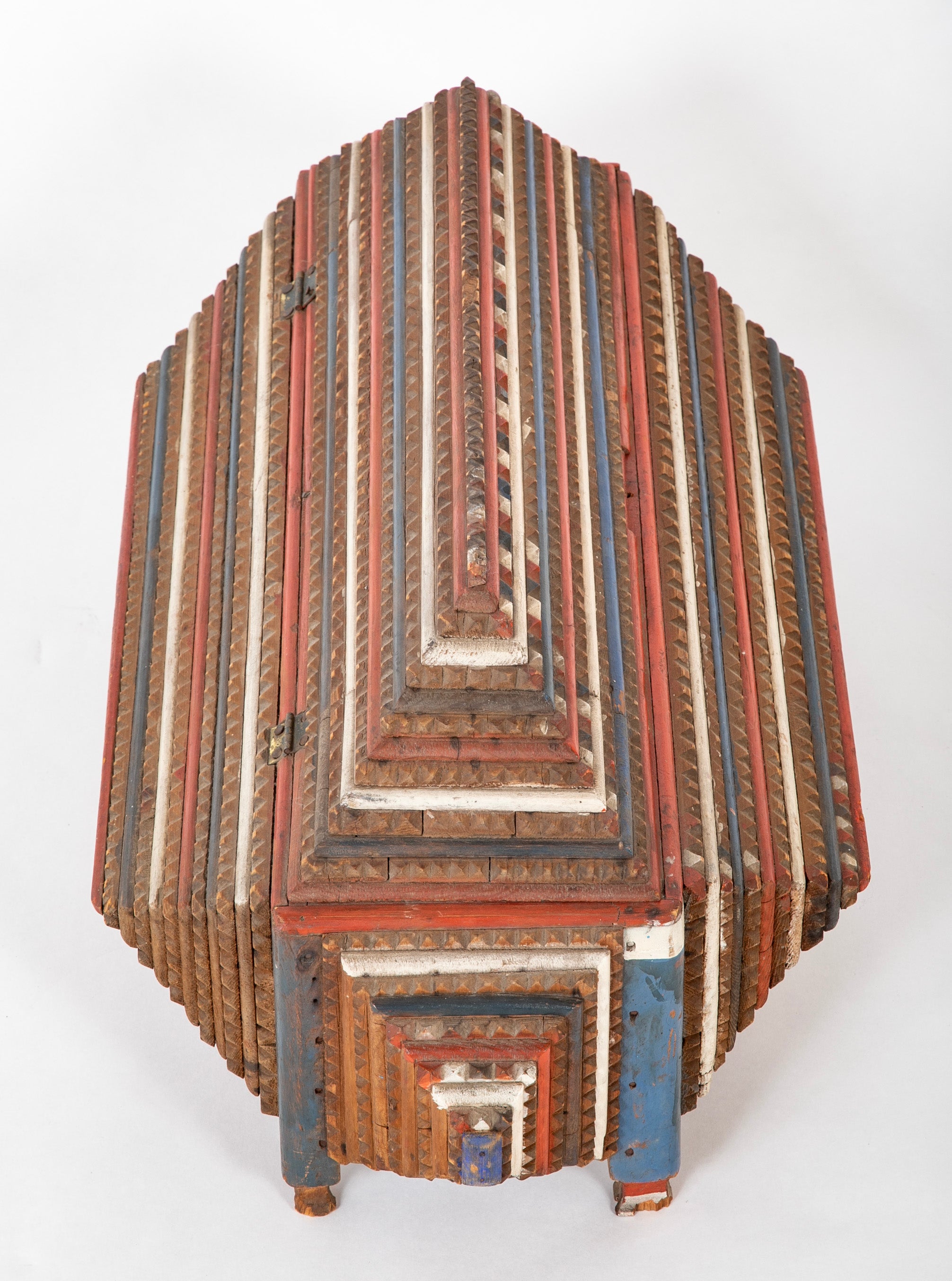 Large Tramp Art Box in Red, White and Blue Painted Stepped Form