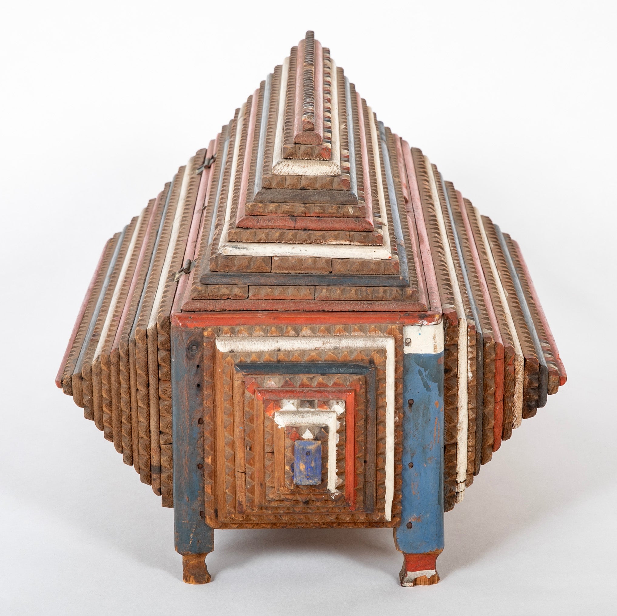 Large Tramp Art Box in Red, White and Blue Painted Stepped Form