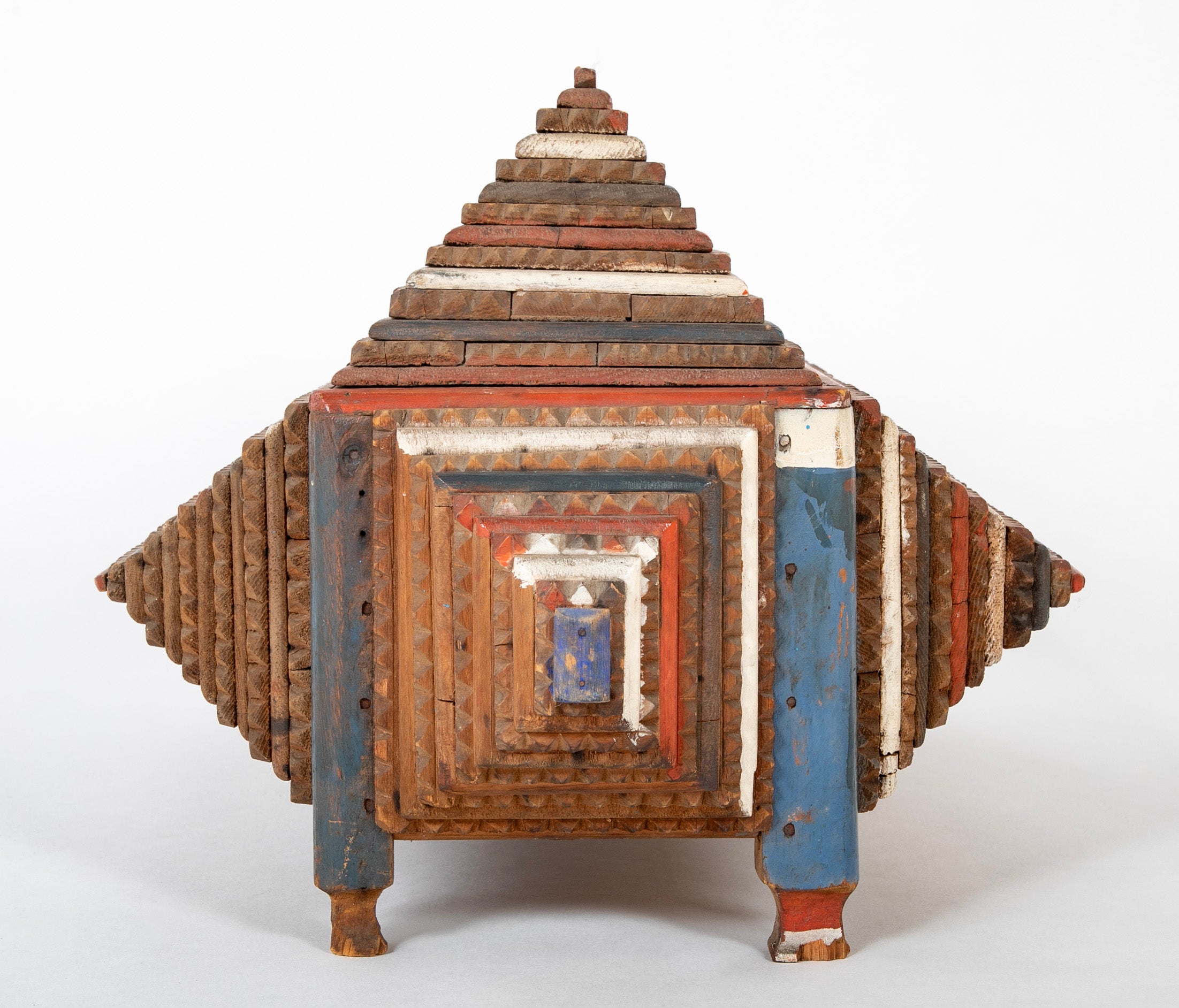 Large Tramp Art Box in Red, White and Blue Painted Stepped Form