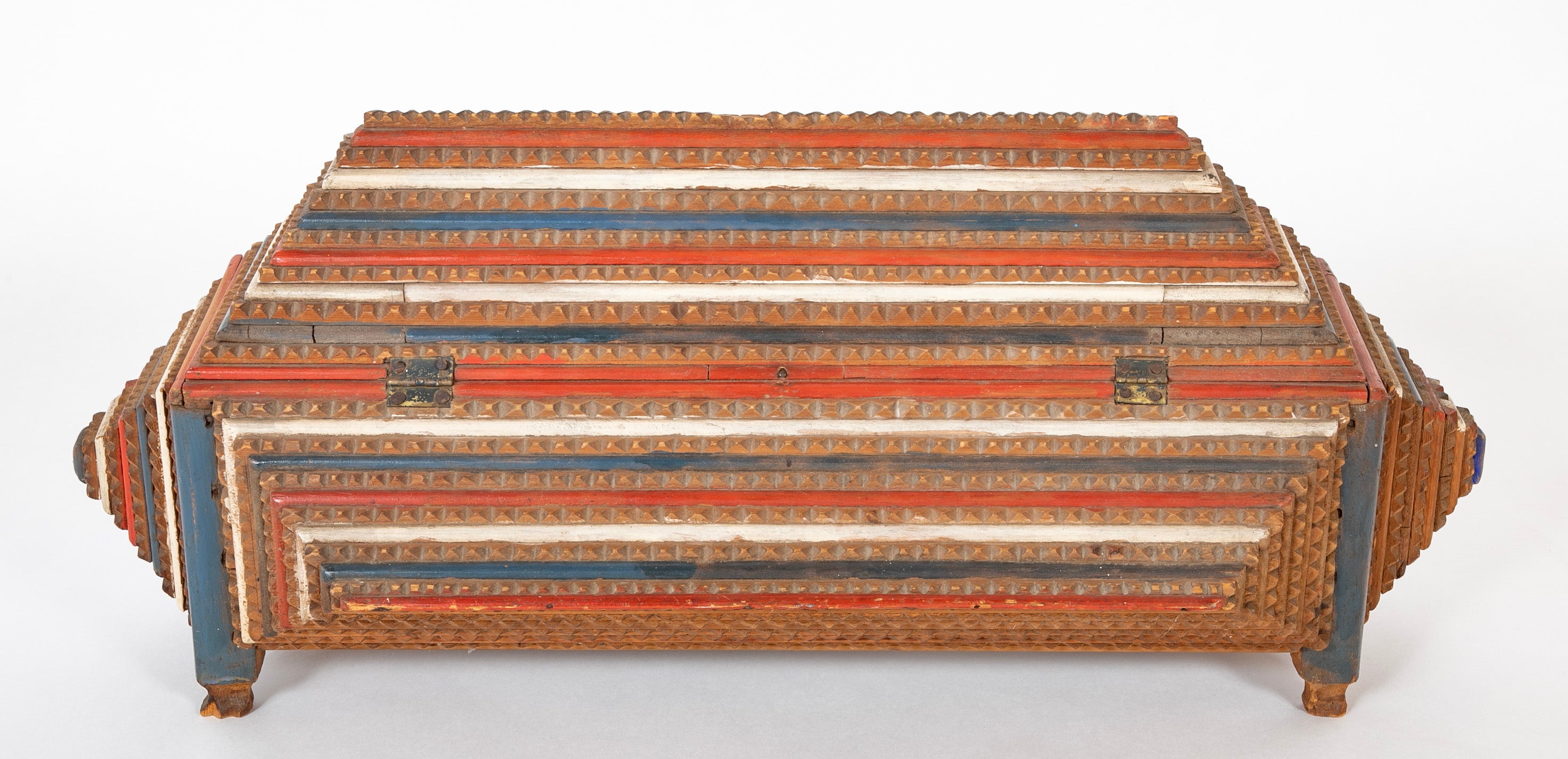 Large Tramp Art Box in Red, White and Blue Painted Stepped Form