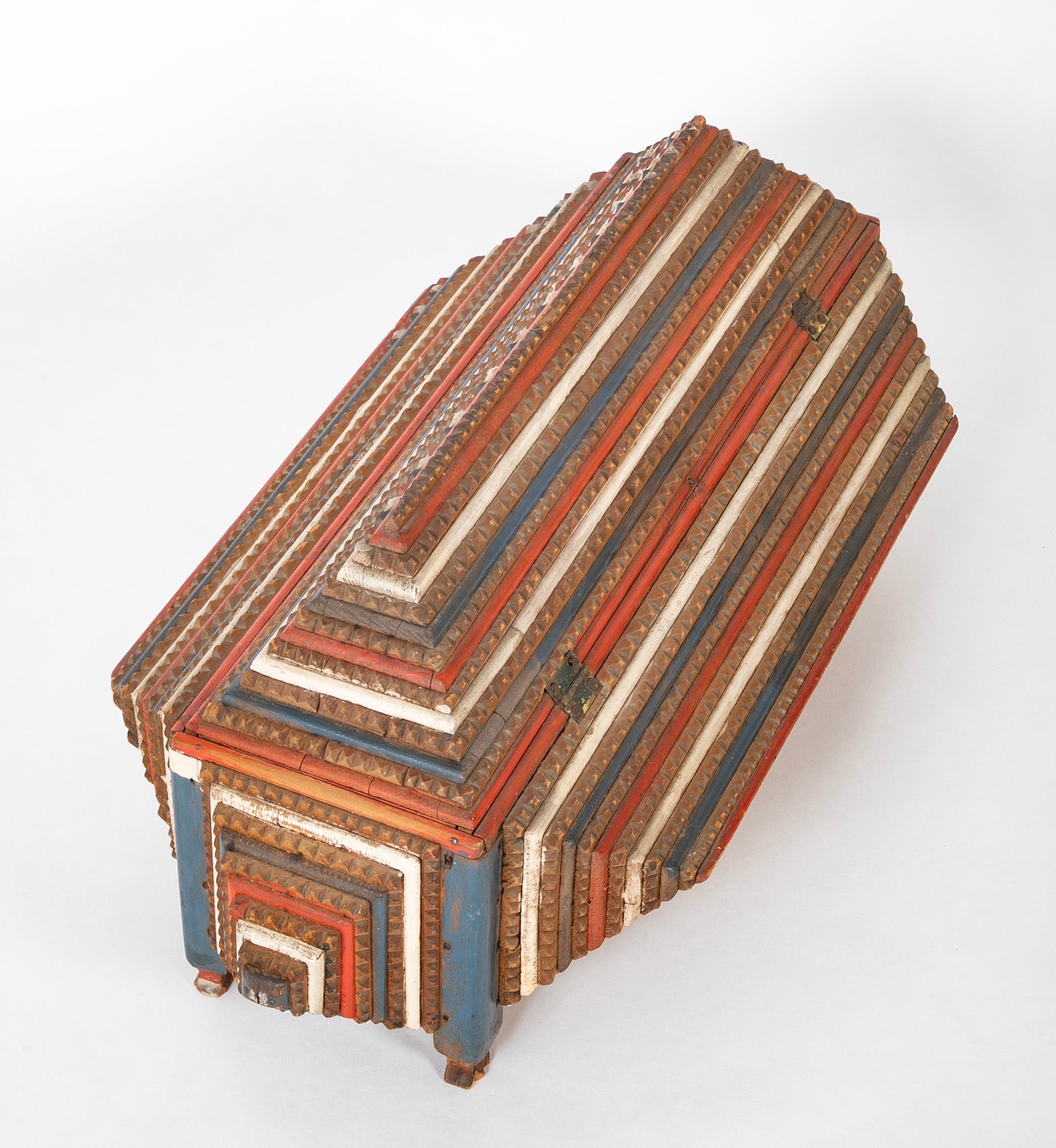 Large Tramp Art Box in Red, White and Blue Painted Stepped Form