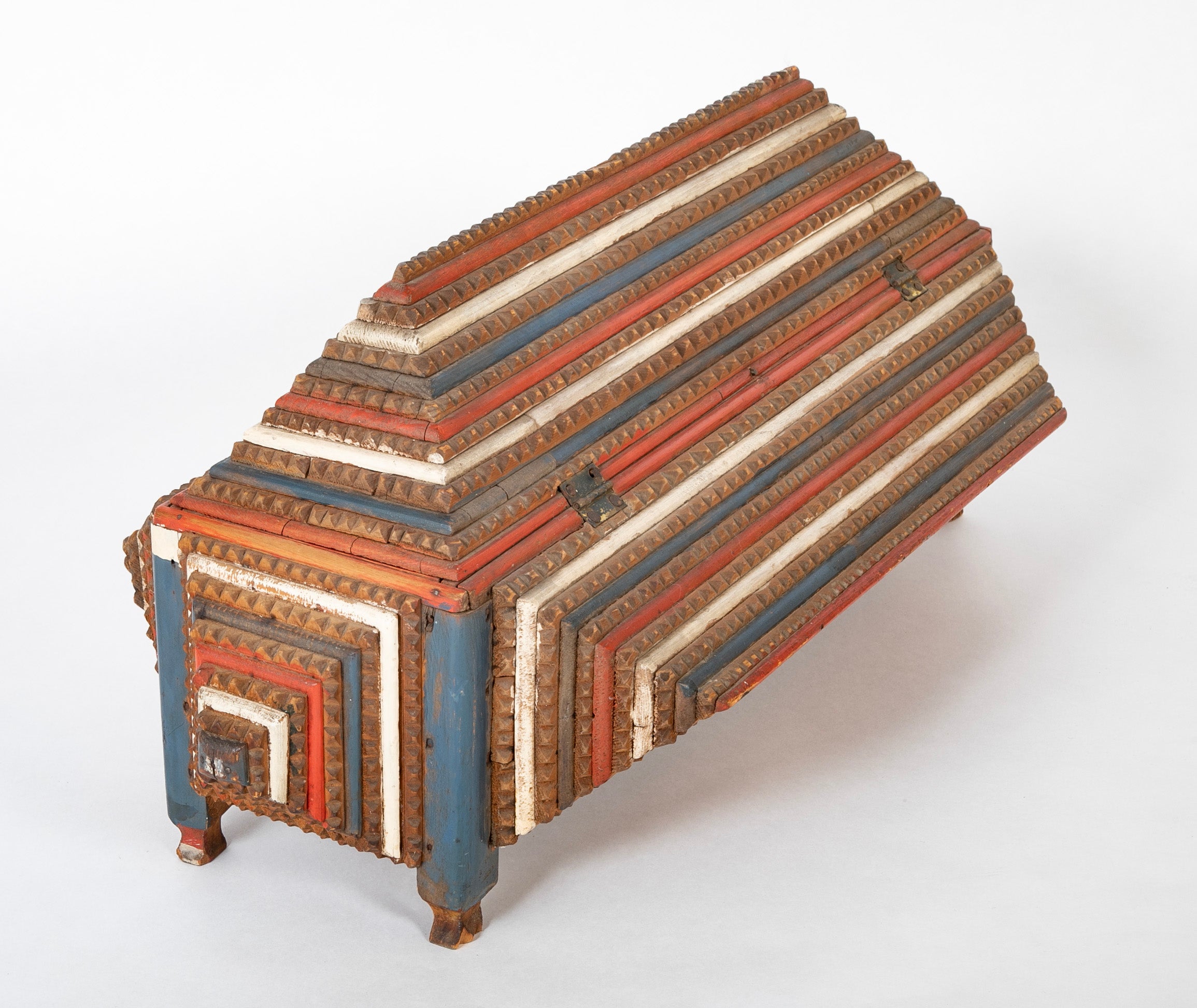Large Tramp Art Box in Red, White and Blue Painted Stepped Form