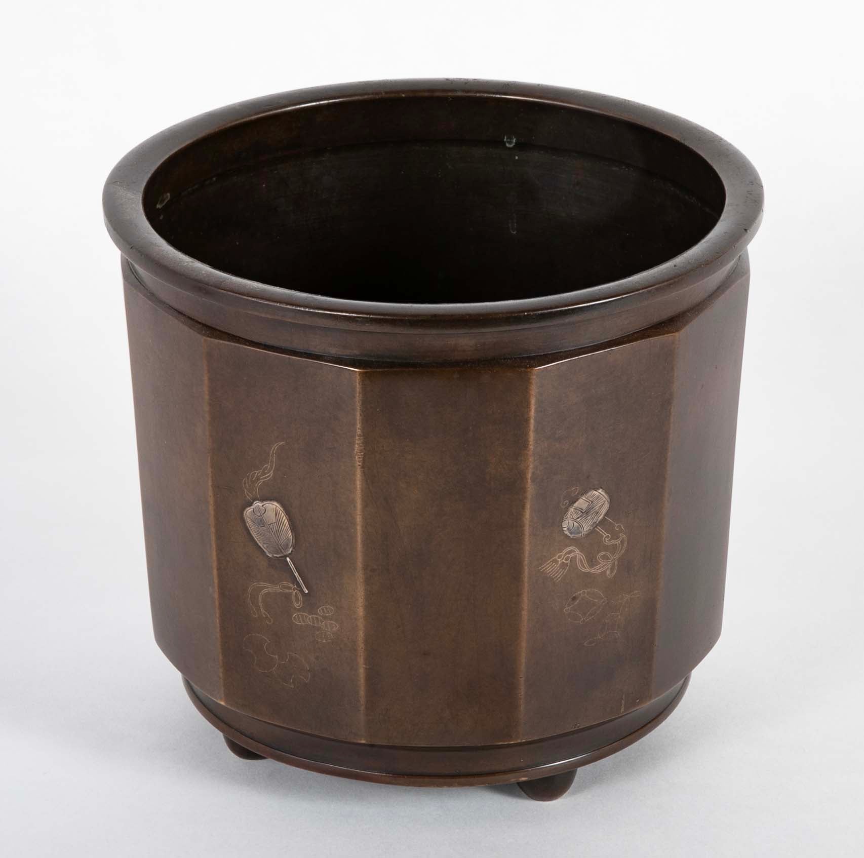 A Japanese Patinated Bronze Planter with Silver Inlays