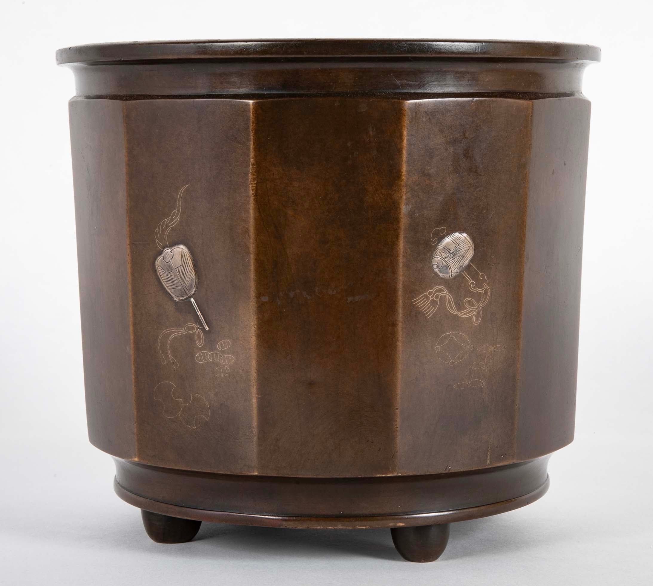 A Japanese Patinated Bronze Planter with Silver Inlays