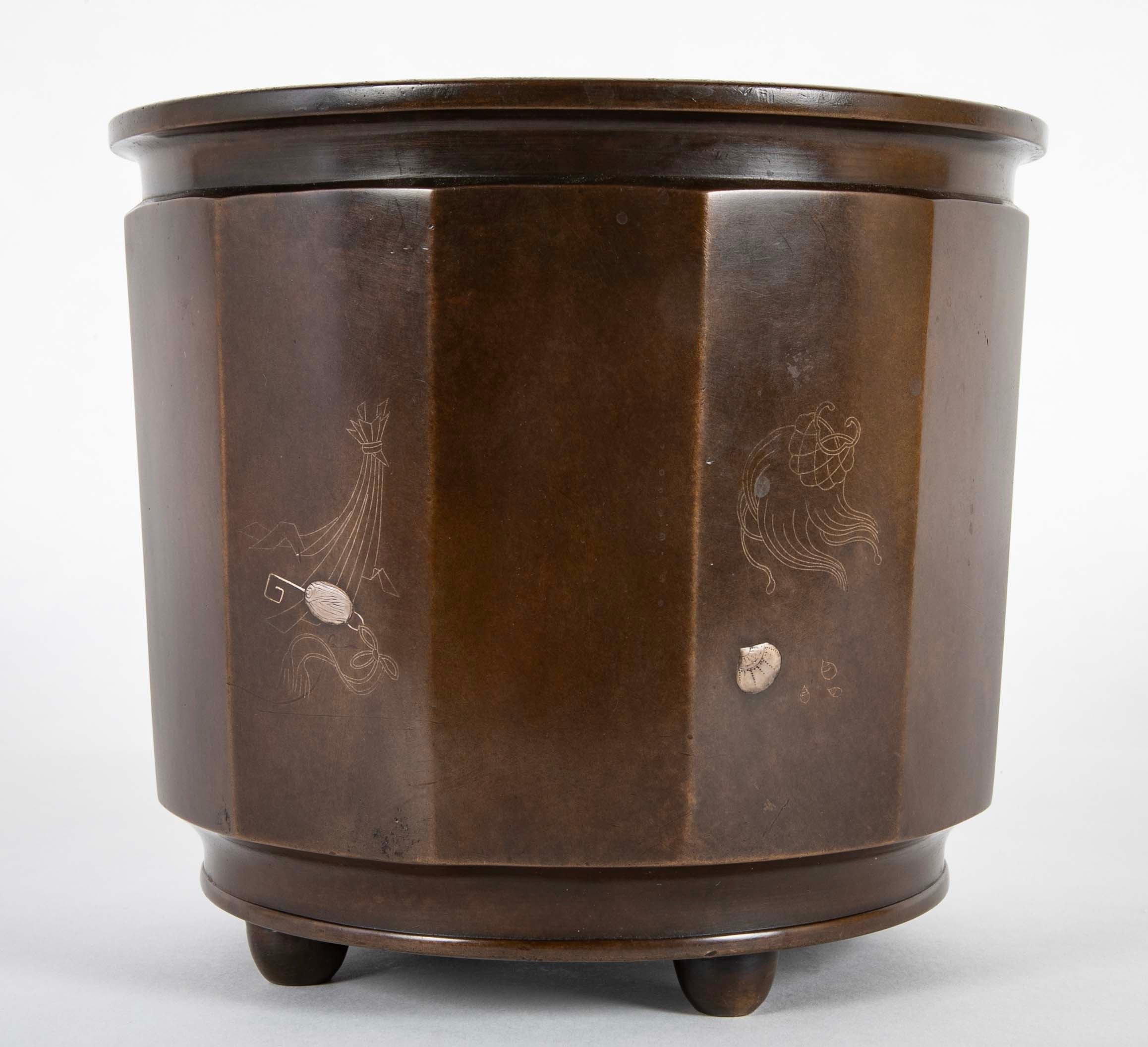 A Japanese Patinated Bronze Planter with Silver Inlays