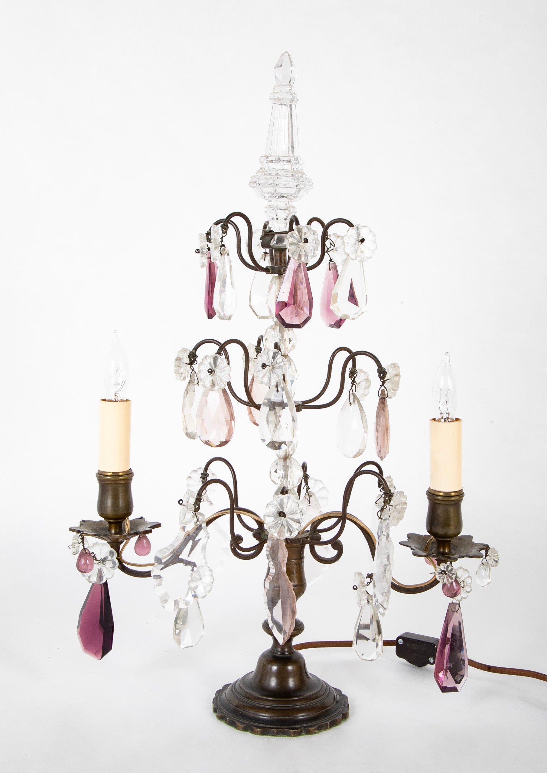 Pair of Early 20th Century Brass & Cut Glass Electrified Candelabra