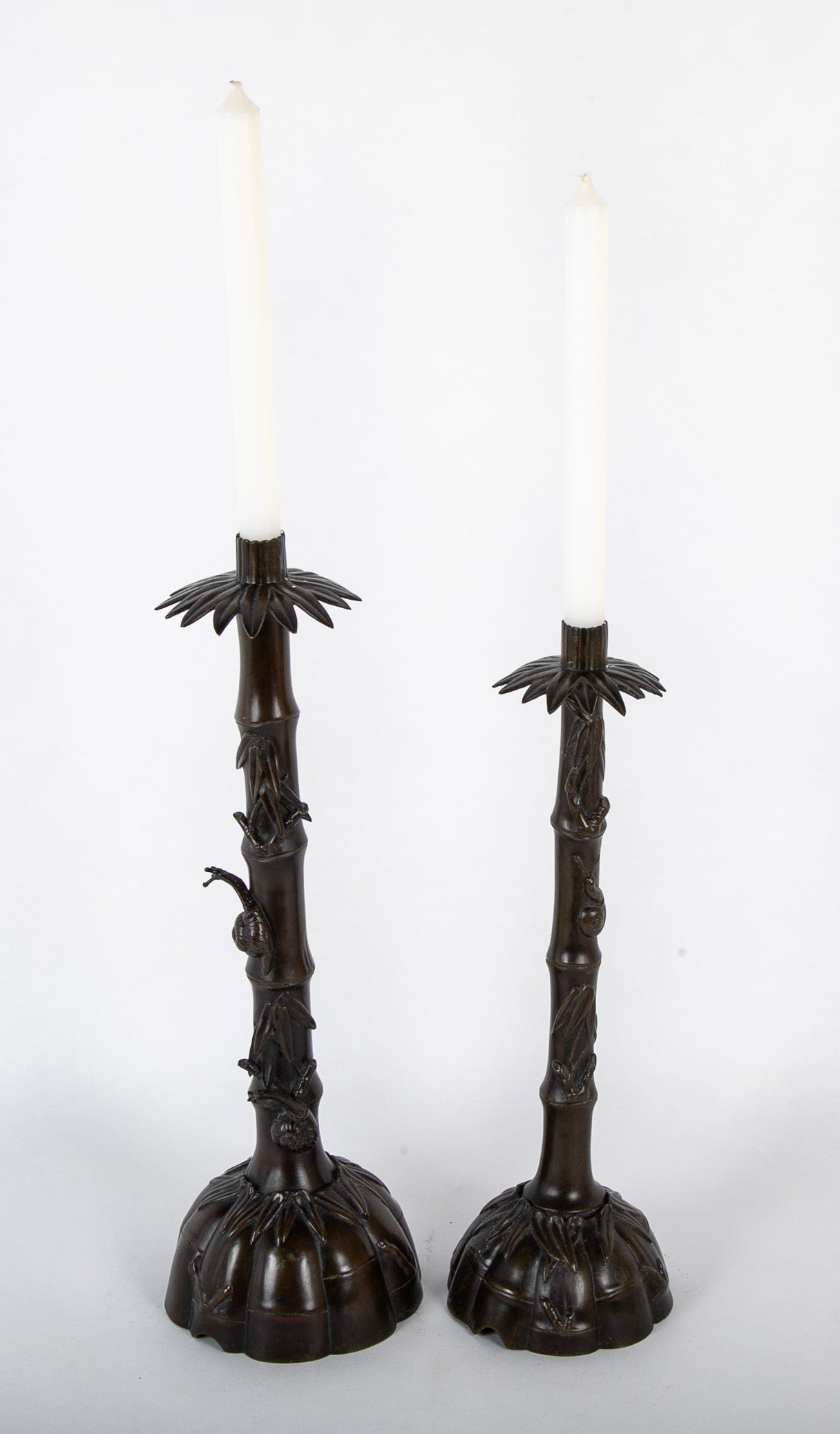 Two Japanese Candlesticks in Bronze as Bamboo with Fauna and Snails