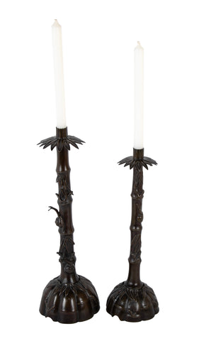 Two Japanese Candlesticks in Bronze as Bamboo with Fauna and Snails