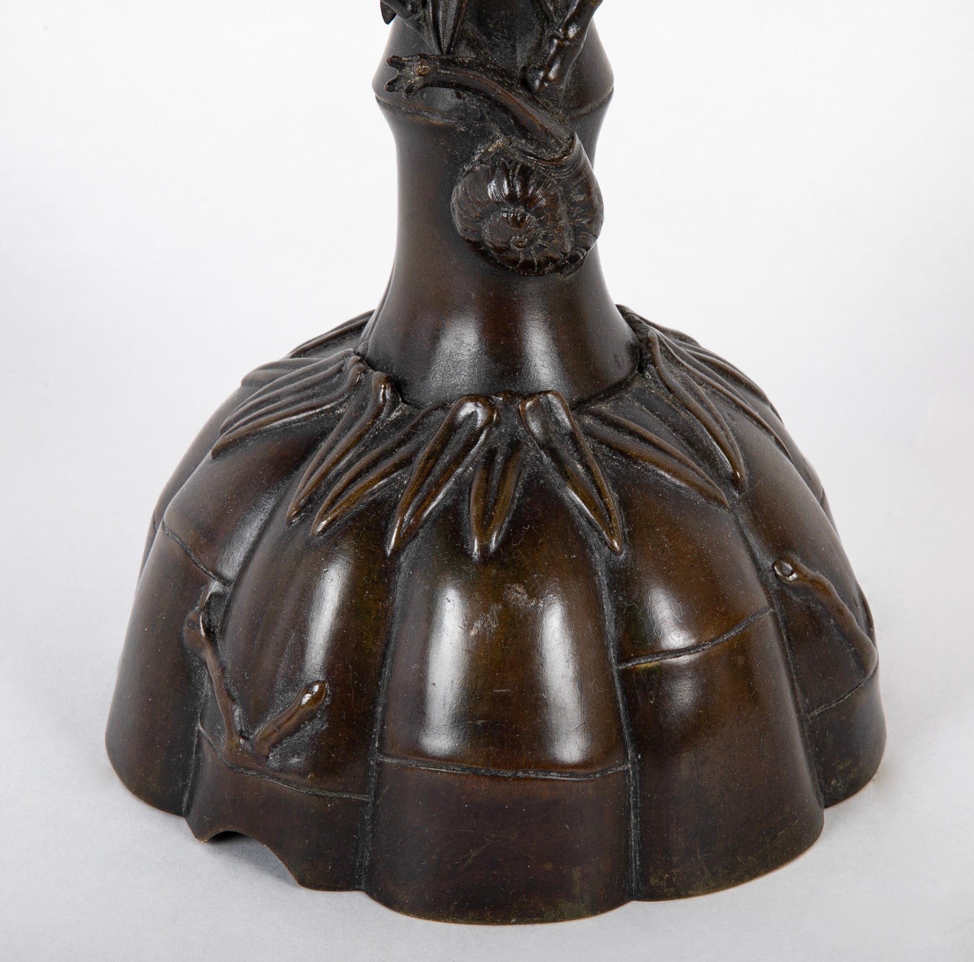 Two Japanese Candlesticks in Bronze as Bamboo with Fauna and Snails