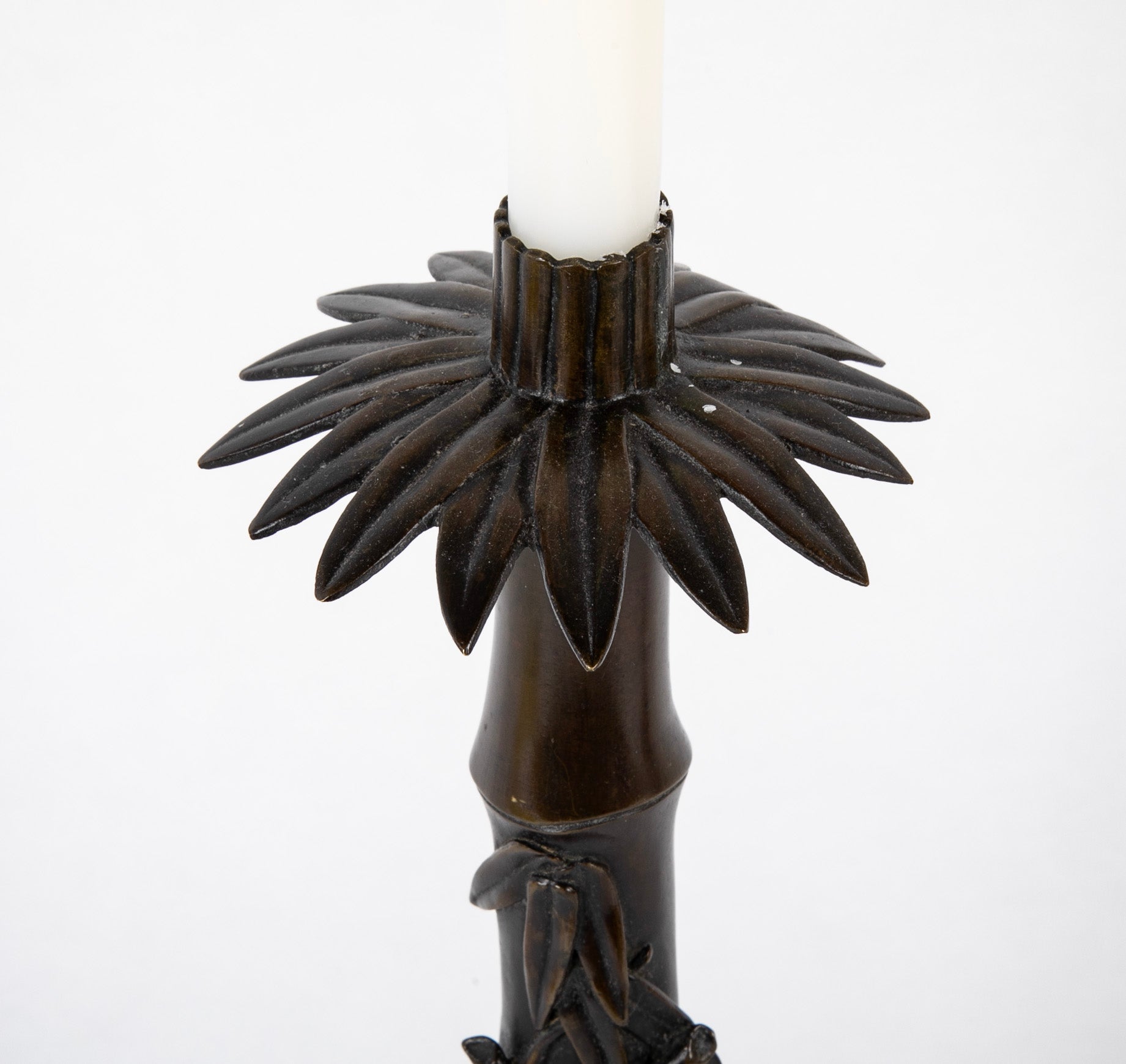 Two Japanese Candlesticks in Bronze as Bamboo with Fauna and Snails