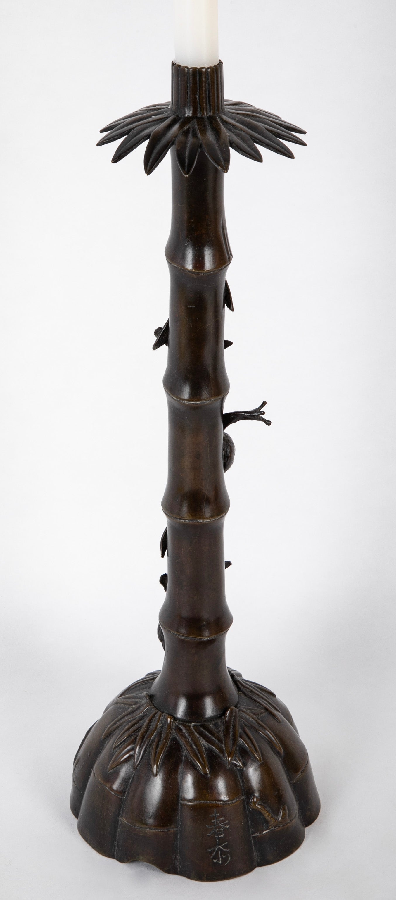Two Japanese Candlesticks in Bronze as Bamboo with Fauna and Snails