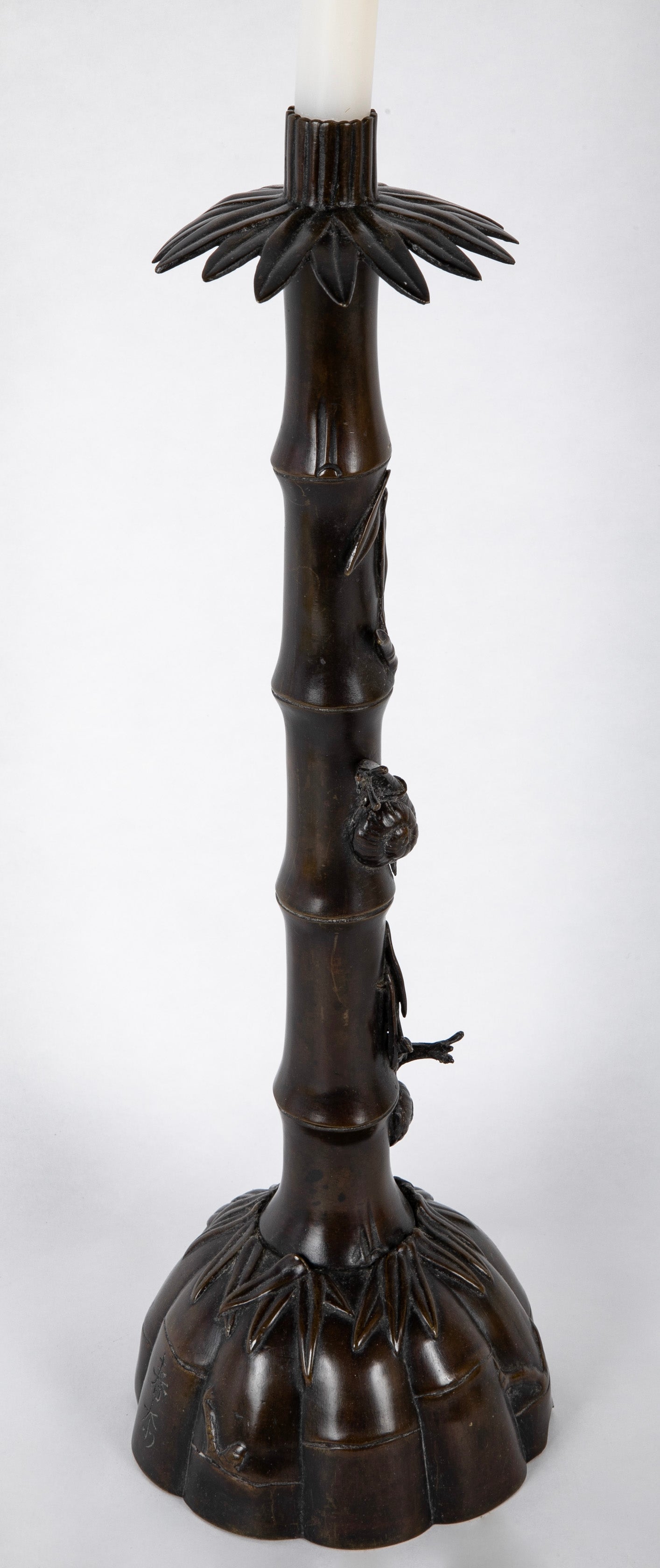Two Japanese Candlesticks in Bronze as Bamboo with Fauna and Snails