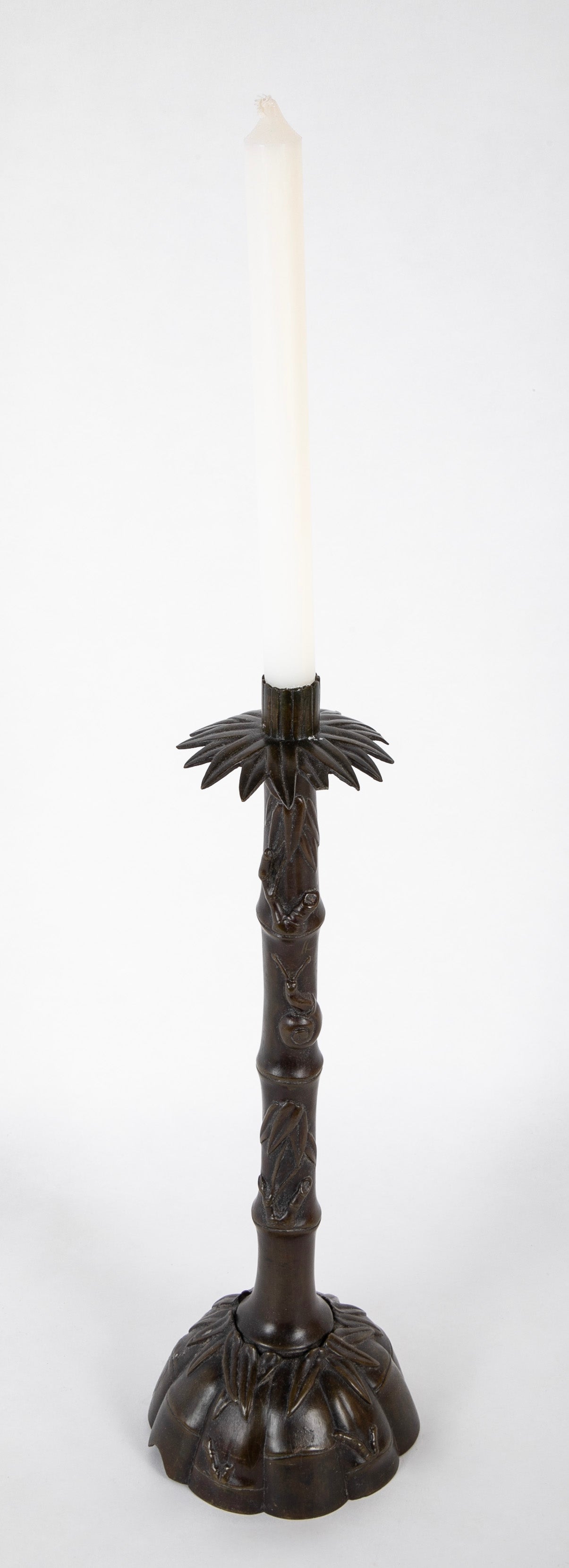 Two Japanese Candlesticks in Bronze as Bamboo with Fauna and Snails