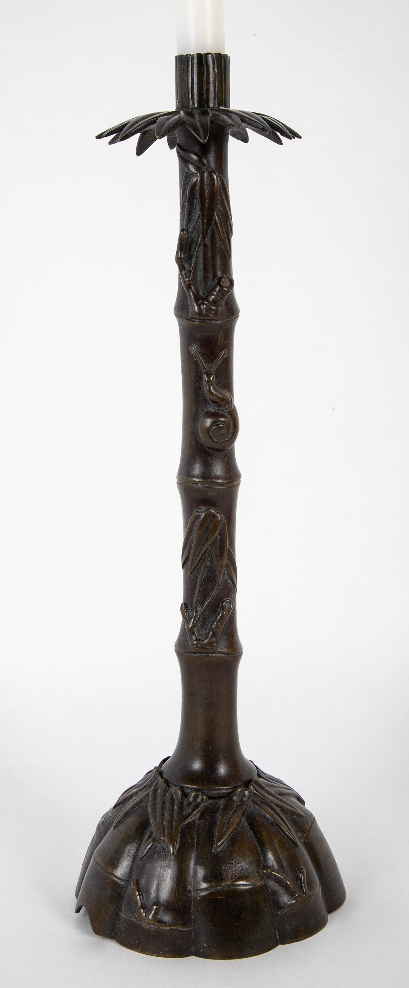 Two Japanese Candlesticks in Bronze as Bamboo with Fauna and Snails